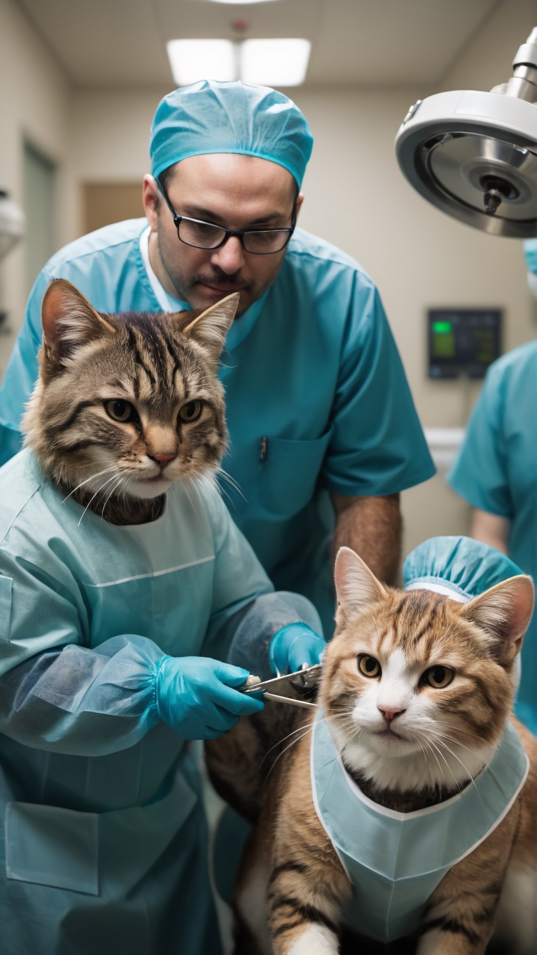 A picture of several cats in doctor's clothes in the operating room operating on a sick cat