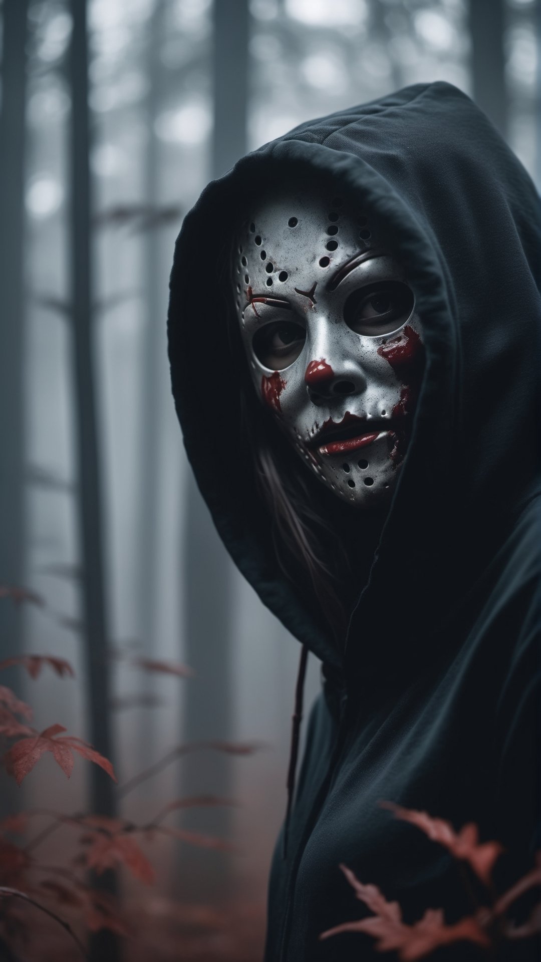 High detail, masterpiece, high definition, high definition, imagine a scary female serial killer in the dark forest,Scary mask on the face, wearing a black hoodie ,looking for her prey to kill and dismember them with his knife,(blood), forest, foggy air, (scary atmospher),horrible,black theme,8k 