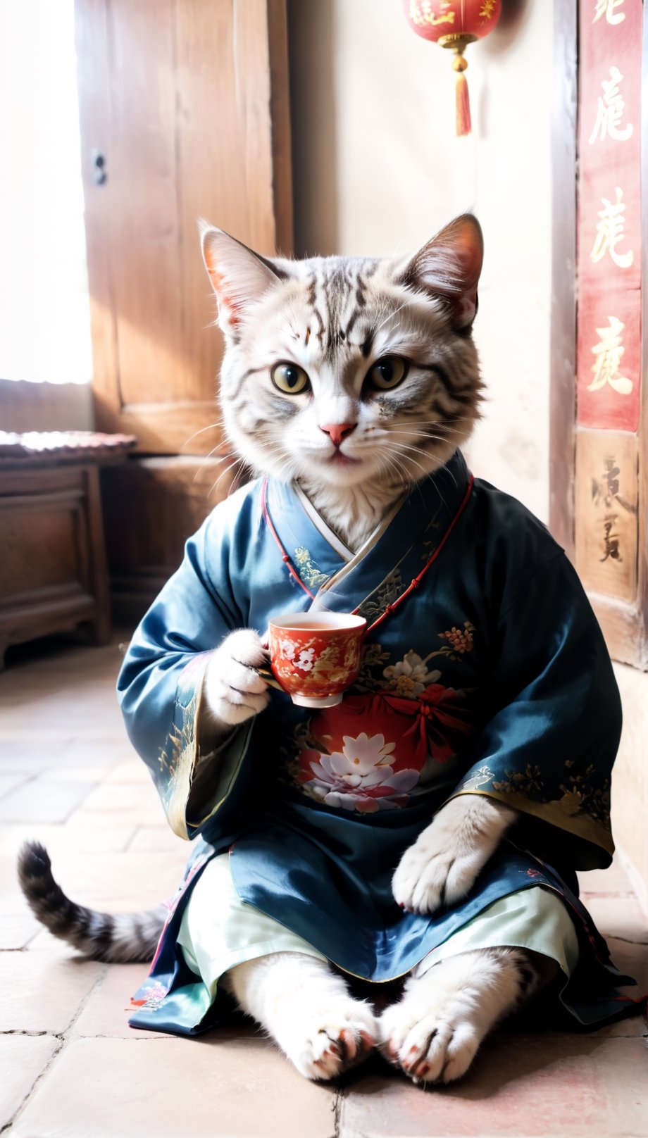 A picture of a cat in Chinese clothes sitting on the floor and drinking tea