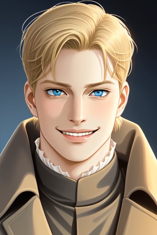 Johan liebert Short blonde wave haircut style Blue eyes Golden coat Straight face Small mouth Elongated face Gentle face,...