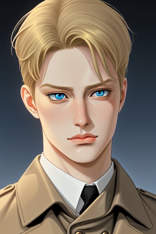 Johan liebert Short blonde wave haircut style Blue eyes Golden coat Straight face Small mouth Elongated face by Stavisrutl...