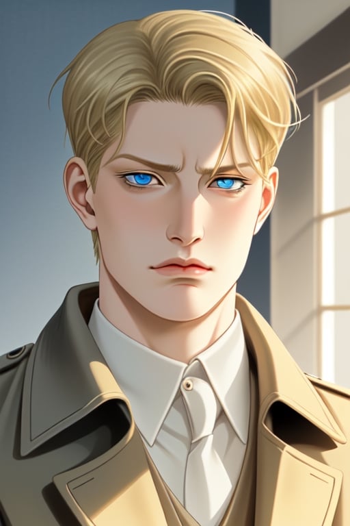Johan liebert Short blonde wave haircut style Blue eyes Golden coat Straight face Small mouth by Stavisrutleraztec on Tens...