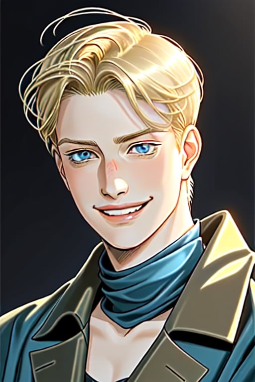 Johan liebert Short blonde wave haircut style Blue eyes Golden coat Straight face Small mouth Elongated face Gentle face,...