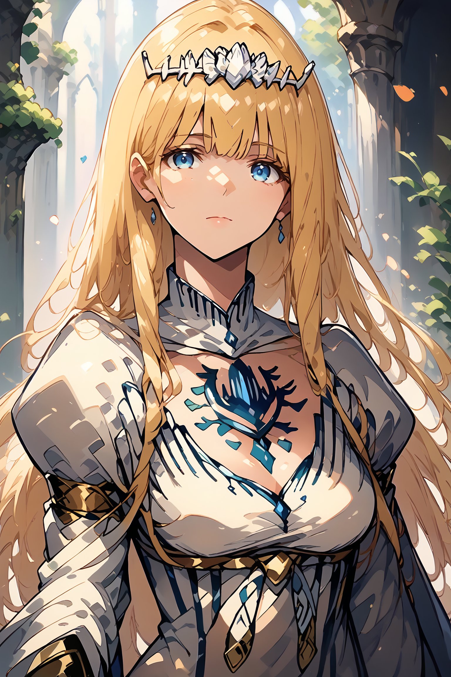 score_9, score_8_up, score_7_up, masterpiece, best quality, , looking_at_viewer, 1girl, solo, Calca, Calca Bessarez, blonde hair, (extremely long hair:1.3), very long hair, white tiara, white dress, blue eyes, medium chest