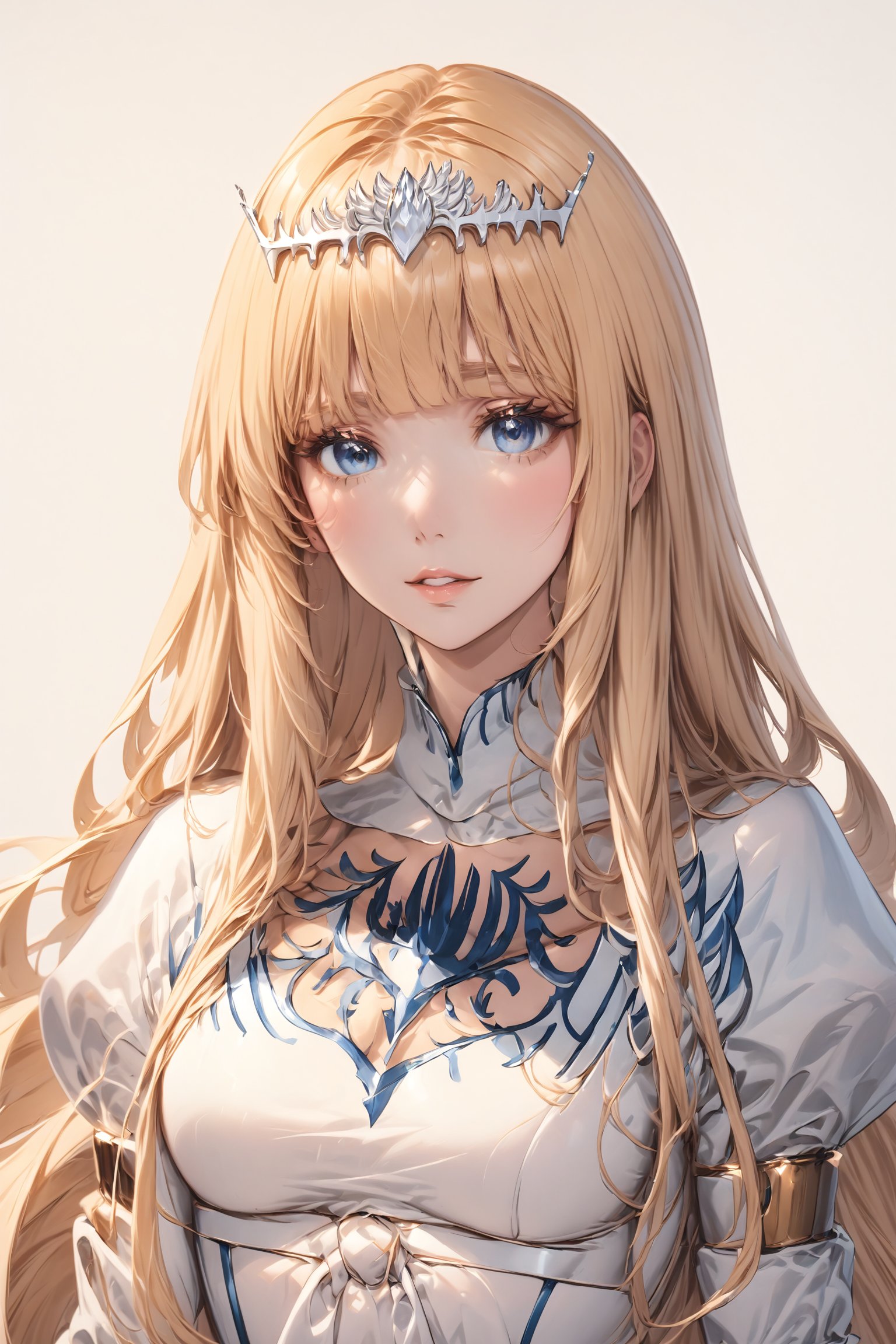 upper body, flower, parted lips,  1girl, solo, Calca, Calca Bessarez, blonde hair, (extremely long hair:1.3), very long hair, white tiara, white dress, blue eyes, medium chest,extremely long hair, blunt_bangs, bangs