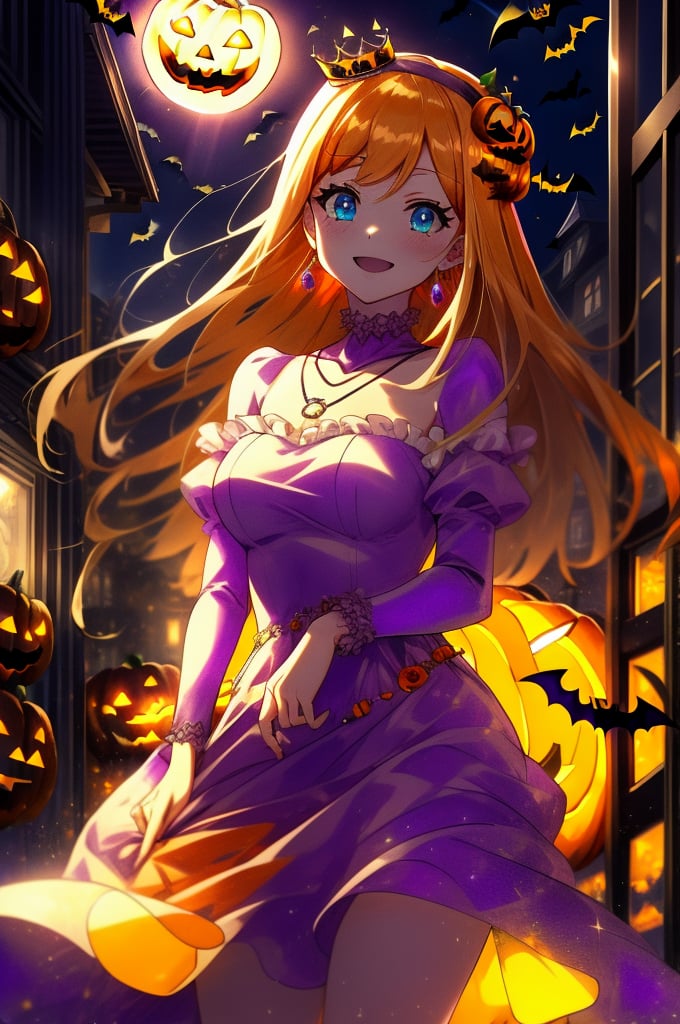 dancing, light smile, orange witch, (Woman dressed in a orange spooky Halloween costume:1.3), holding a small dark blue box, pumpkins decoration, score_9, score_8_up, score_7_up, source_anime, rennertheierechardelonrylevaiself, renner theiere chardelon ryle vaiself, long hair, blue eyes, blonde hair, hair ornament, very long hair, flower, hair flower, light smile, too much blushing, orange long sleeves, Halloween dress, jewelry, white puffy sleeves, necklace, orange dress, crown, princess, frills, indoors, night, night sky, moonlight, moon, Halloween curtains, window, looking at viewer, cowboy shot, dutch angle,  (Halloween party:1.4), (Halloween decoration:1.4), pumpkin, bat, death tree, grave yard, outdoor, Horror atmosphere,