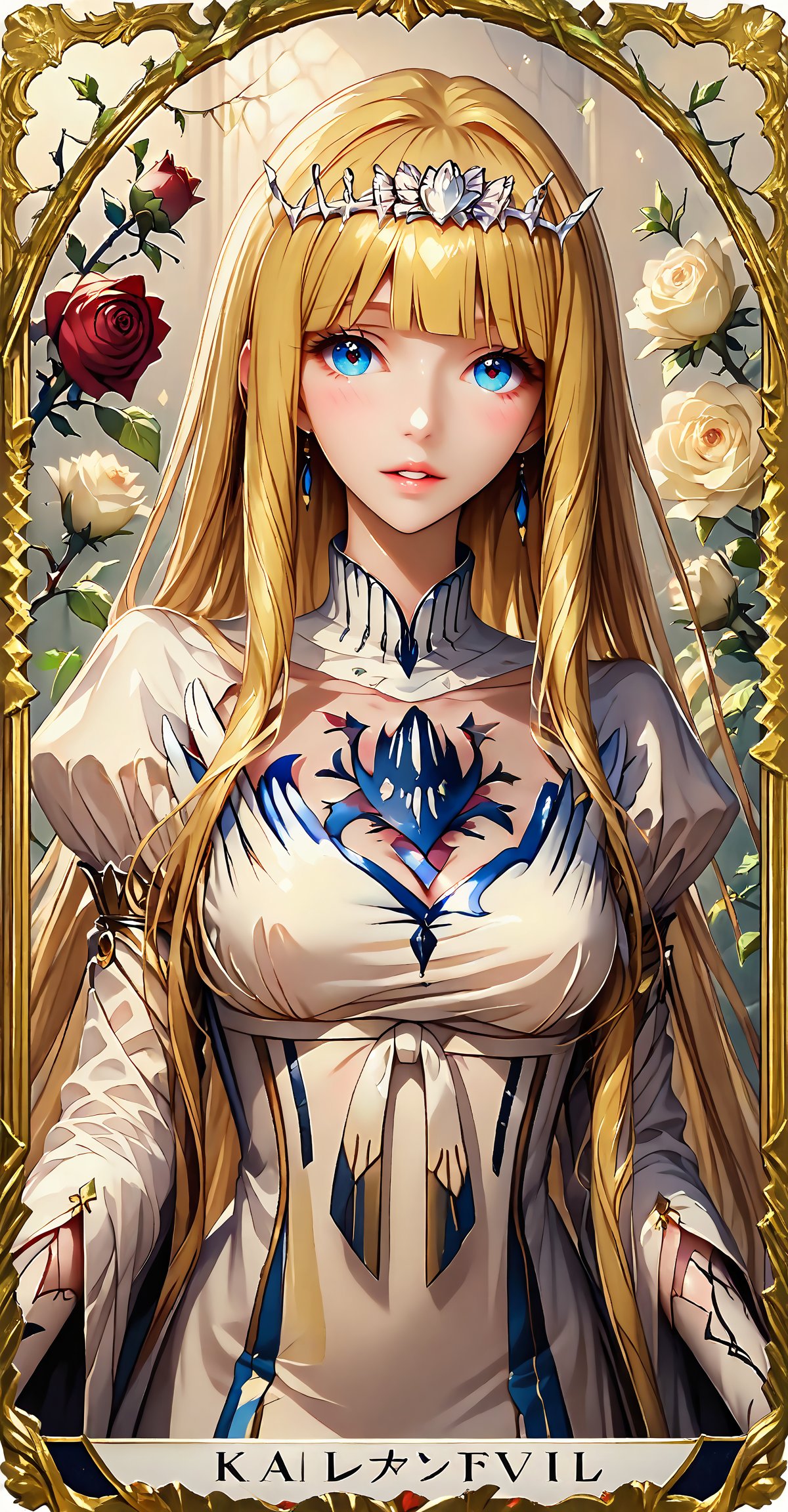 masterpiece, best quality, extremely detailed, (illustration, official art:1.1), ,25 years old, long hair ((blush)) , beautiful face, big eyes, masterpiece, best quality,(((((a very delicate and beautiful girl))))),Amazing,beautiful detailed eyes,blunt bangs((((little delicate girl)))),tareme(true beautiful:1.2), ,masterpiece, best quality,1girl, solo, flower, rose, red flower, thorns, red rose, vines, looking at viewer, parted lips, bangs, black flower,  plant, very long hair,  black rose, picture frame, card,Calca,Calca Bessarez,blonde hair,(extremely long hair:1.3),white tiara,white dress,blue eyes,medium chest