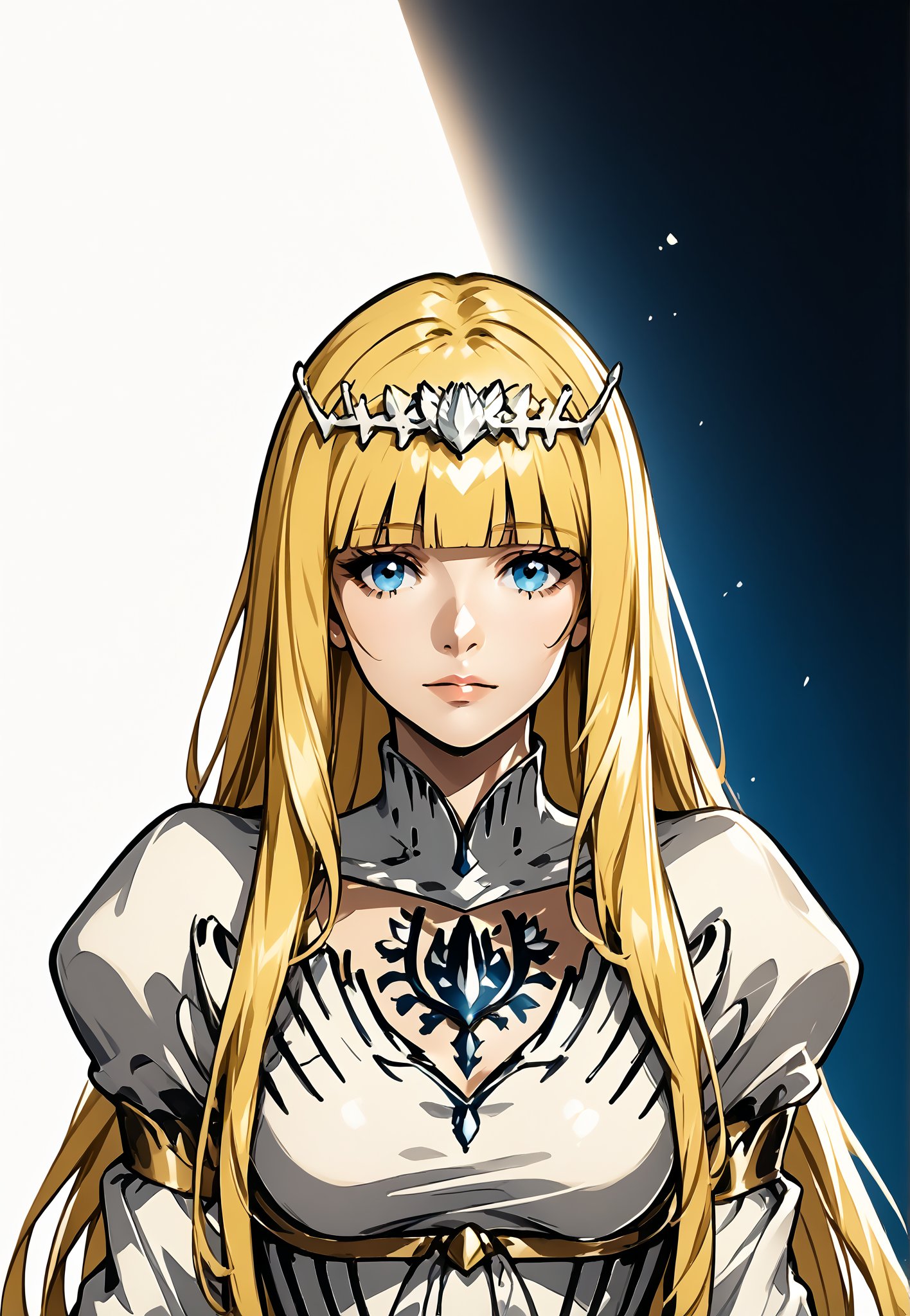  1girl, solo, Calca, Calca Bessarez, blonde hair, (extremely long hair:1.3), very long hair, white tiara, white dress, blue eyes, medium chest, bangs, blunt bangs