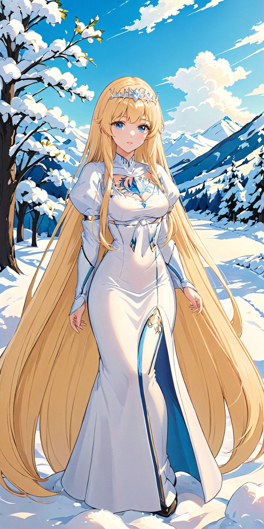 1girl, solo, looking at the viewer,, female focus, , outdoors, snow, , calca, blonde hair, extremely long hair, very long hair, extra long hair, white tiara, white dress, blue eyes,Calca Bessarez, medium breast ,Calca,1girl