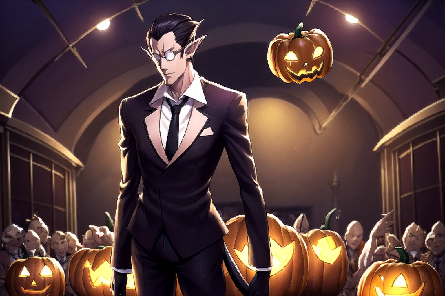 (((masterpiece))),best quality, illustration,(detailed male), (Hallloween party:1.4), pumpkins, surrounded by pumpkins, detailed lighting, detailed fire, haunted house, cancel light, horror atmosphere, (detailed eyes), expressionless,,demiurge, orange suit, orange trouser, Orange Necktie, Silver Round Glasses, short hair, pointy ears, black hair, Diamond Eyes, long metal tail, black gloves, demiurge, (Halloween outfit:1.4), villain, bat