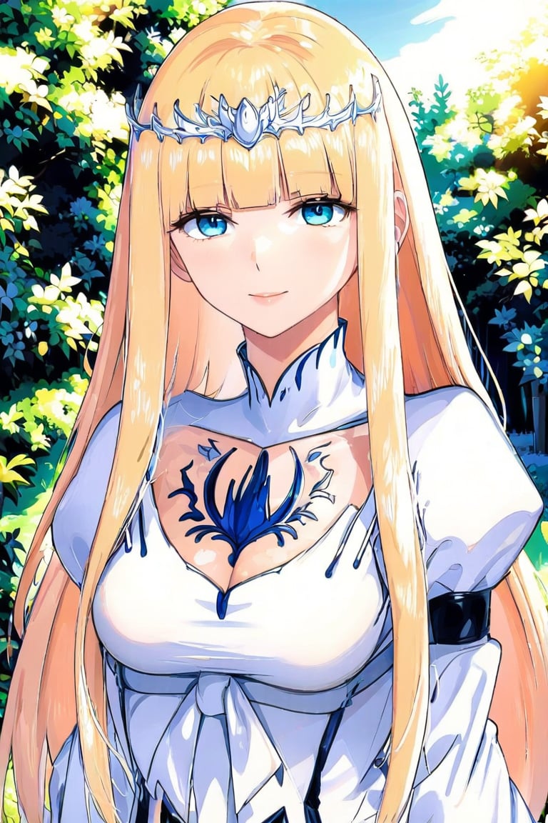  masterpiece quality, light particles, garden background, looking at viewer, upper body, Anime Style., highly detailed, sharpness, 1girl, solo, Calca, Calca Bessarez, blonde hair, (extremely long hair:1.3), very long hair, white tiara, white dress, blue eyes,blunt bangs