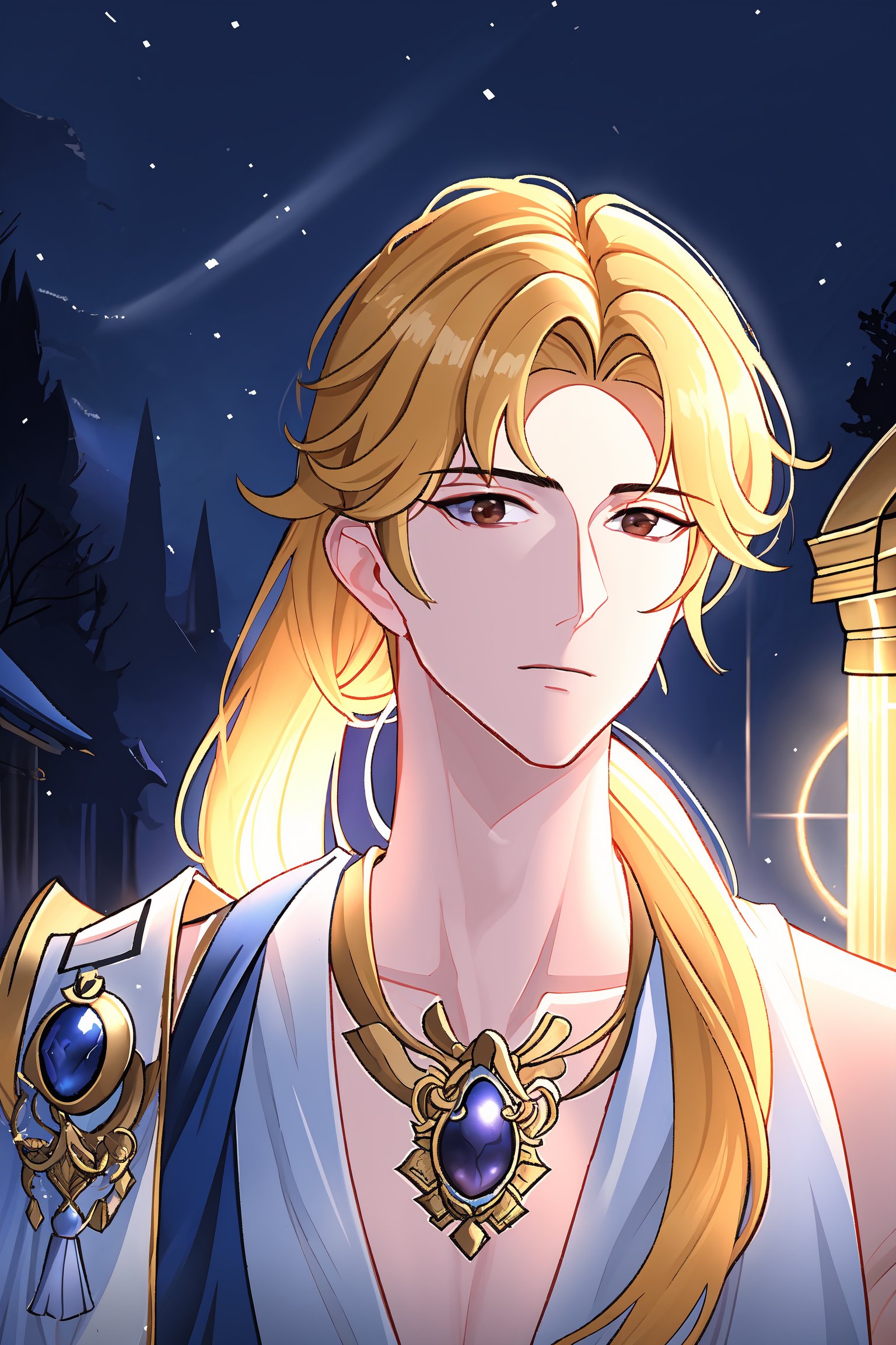 The background of the picture is a luxurious ancient city. Detailed eyes, detailed image, and a proportional and beautiful body. It's nighttime. upper body,Hyouka,1male,solo,blonde hair,brown eyes,one-sided braid,very long braided hair,one shoulder armor, handsome man, 25 years old, serious face