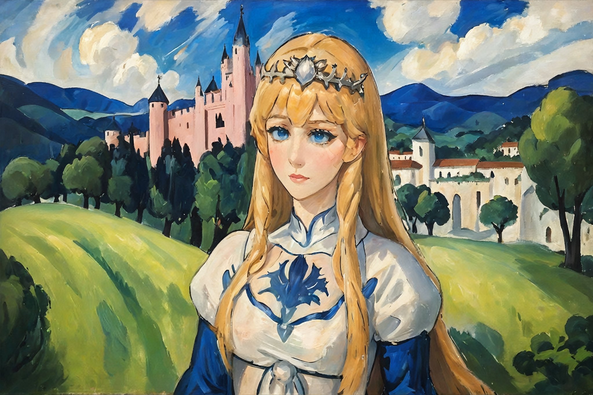 (mature female), (relax), (blush), solo, 1girl,

Detailed face, ultra-detailed, bright skin, high-quality skin texture rendering, masterpiece, (highest quality),  8k, (anime)

medieval age castle background,  1girl, solo, Calca, Calca Bessarez, blonde hair, (extremely long hair:1.3), very long hair, white tiara, white dress, blue eyes, medium chest, expressionist painting, 