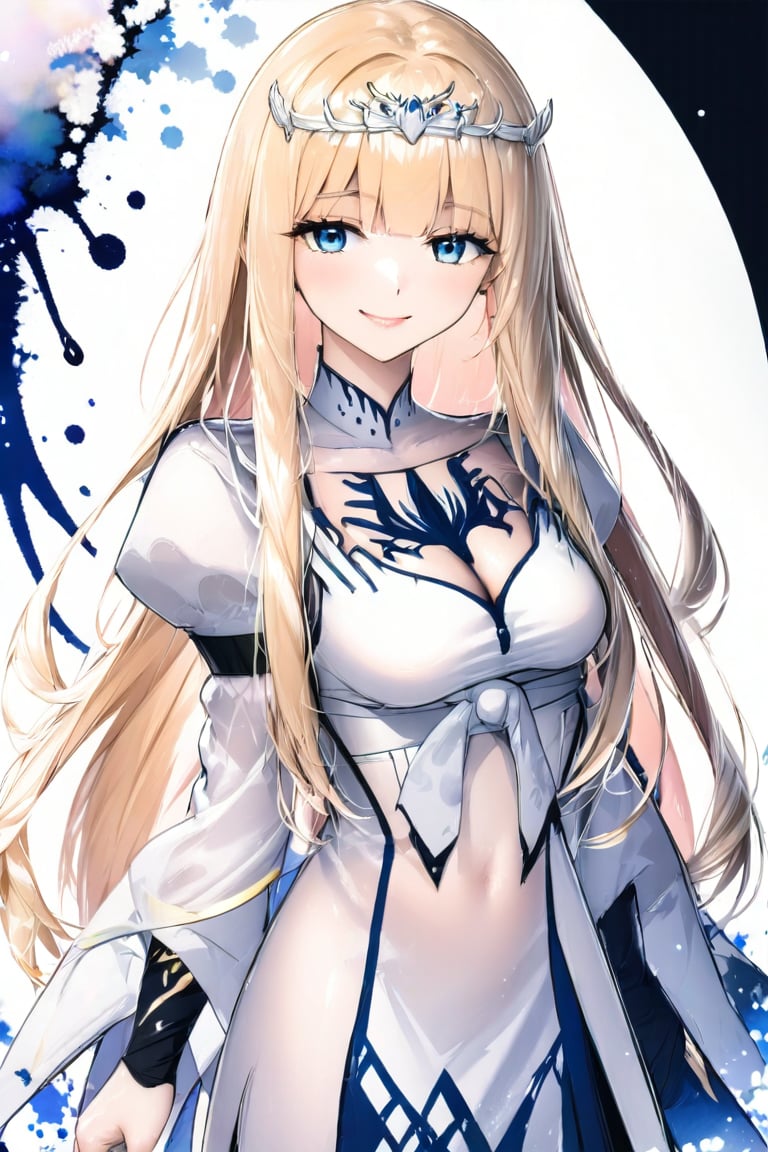 A very beautiful anime girl that is looking at viewer, she smiles; very elegant girl. Stunning and attractive image, detailed image, masterpiece quality, 8k, ink brushstrokes in background, Ink droplets in background, Anime art style, ink art, 1girl, solo, Calca, Calca Bessarez, blonde hair, (extremely long hair:1.3), very long hair, white tiara, white dress, blue eyes, medium chest,extremely long hair, blunt_bangs, bangs