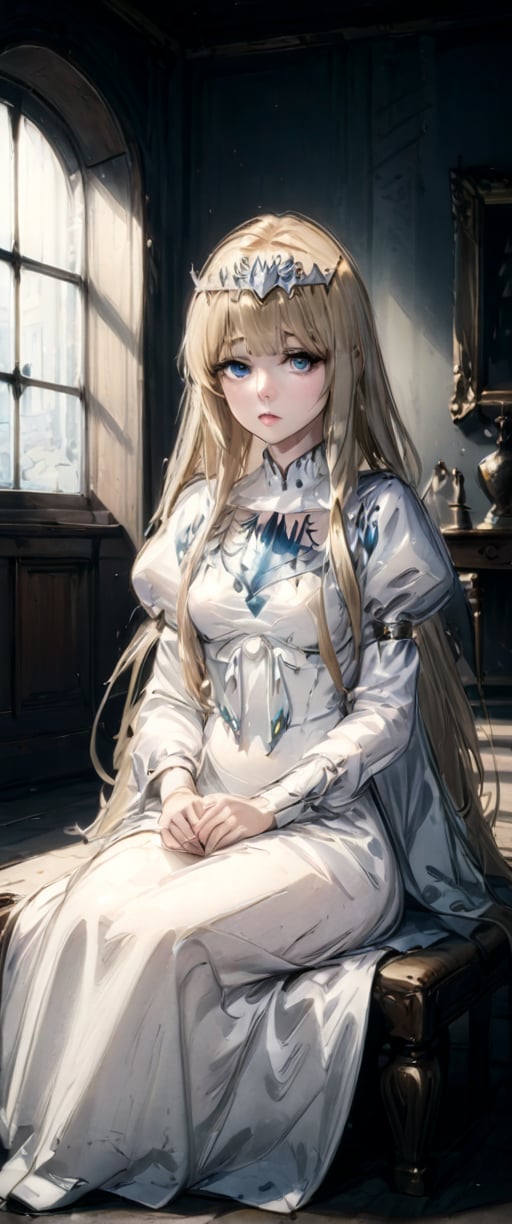 looking at the viewer, bangs,  sitting, parted lips, indoors, realistic, 1girl, solo, Calca, Calca Bessarez, blonde hair, (extremely long hair:1.3), very long hair, white tiara, white dress, blue eyes, medium chest, extremely long hair,blunt bangs