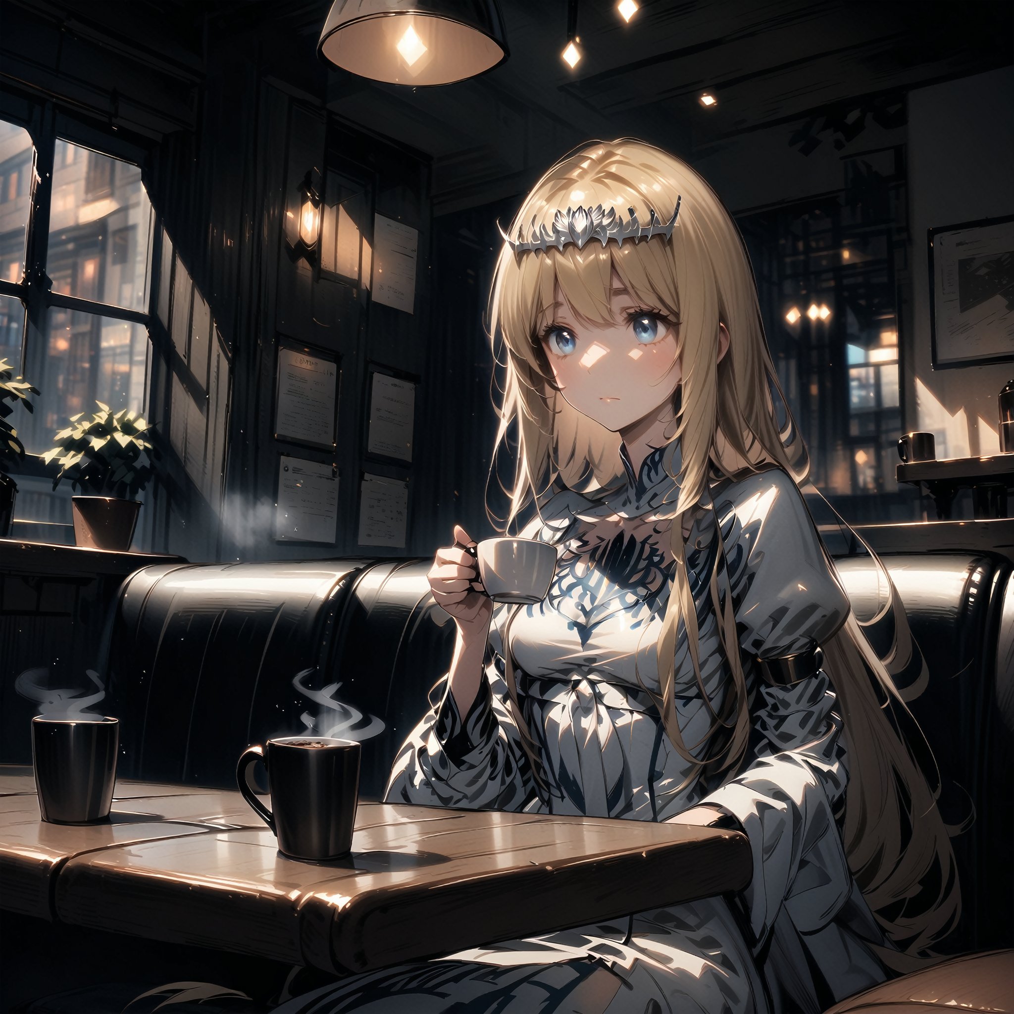 "A cozy coffee shop interior scene, warm lighting, wooden tables, patrons sipping coffee, soft background music, framed art on walls, steaming mugs, comfortable seating, morning ambiance.", 1girl, solo, Calca, Calca Bessarez, blonde hair, (extremely long hair:1.3), very long hair, white tiara, white dress, blue eyes, medium chest, extremely long hair, medium breast, close up,