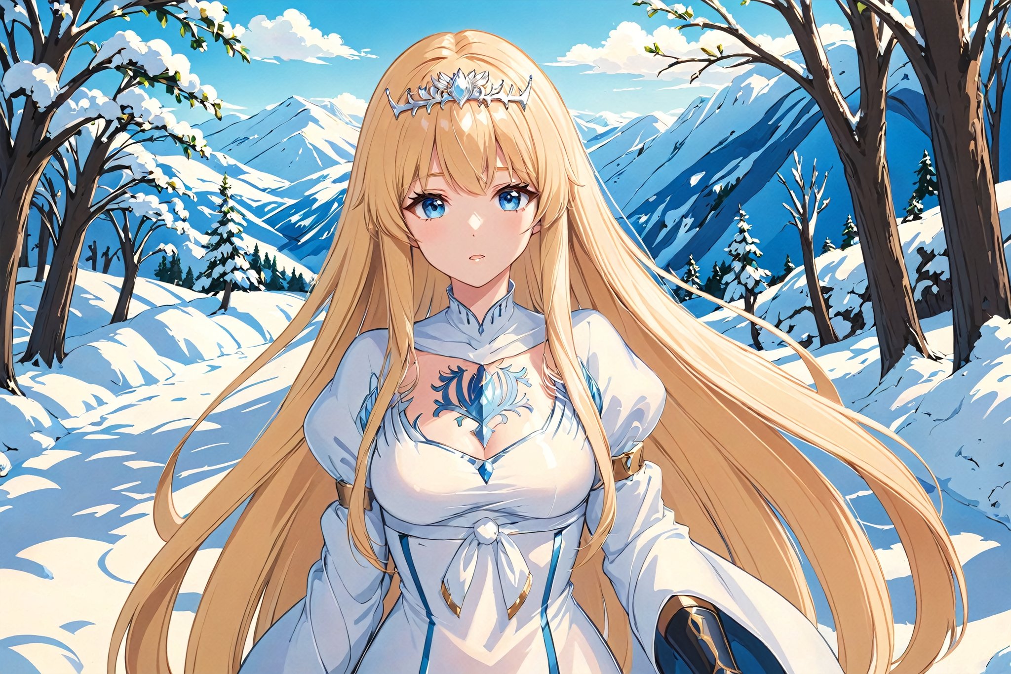 1girl, solo, looking at the viewer,, female focus, , outdoors, snow, , calca, blonde hair, extremely long hair, very long hair, extra long hair, white tiara, white dress, blue eyes,Calca Bessarez, medium breast ,Calca,1girl