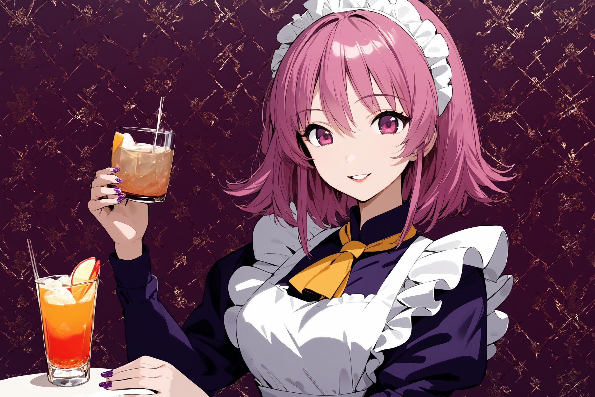 Masterpiece, looking at the viewer, smiling, upper body, open lips, nail polish, luxurious mansion pattern background, cup, straw, drink, glass, ice,ink paint,1girl,dark purple maid dress,white apron,white maid headband,yellow double necktie,long sleeve,dark pink hair,sidelock,short hair,dark pink eyes