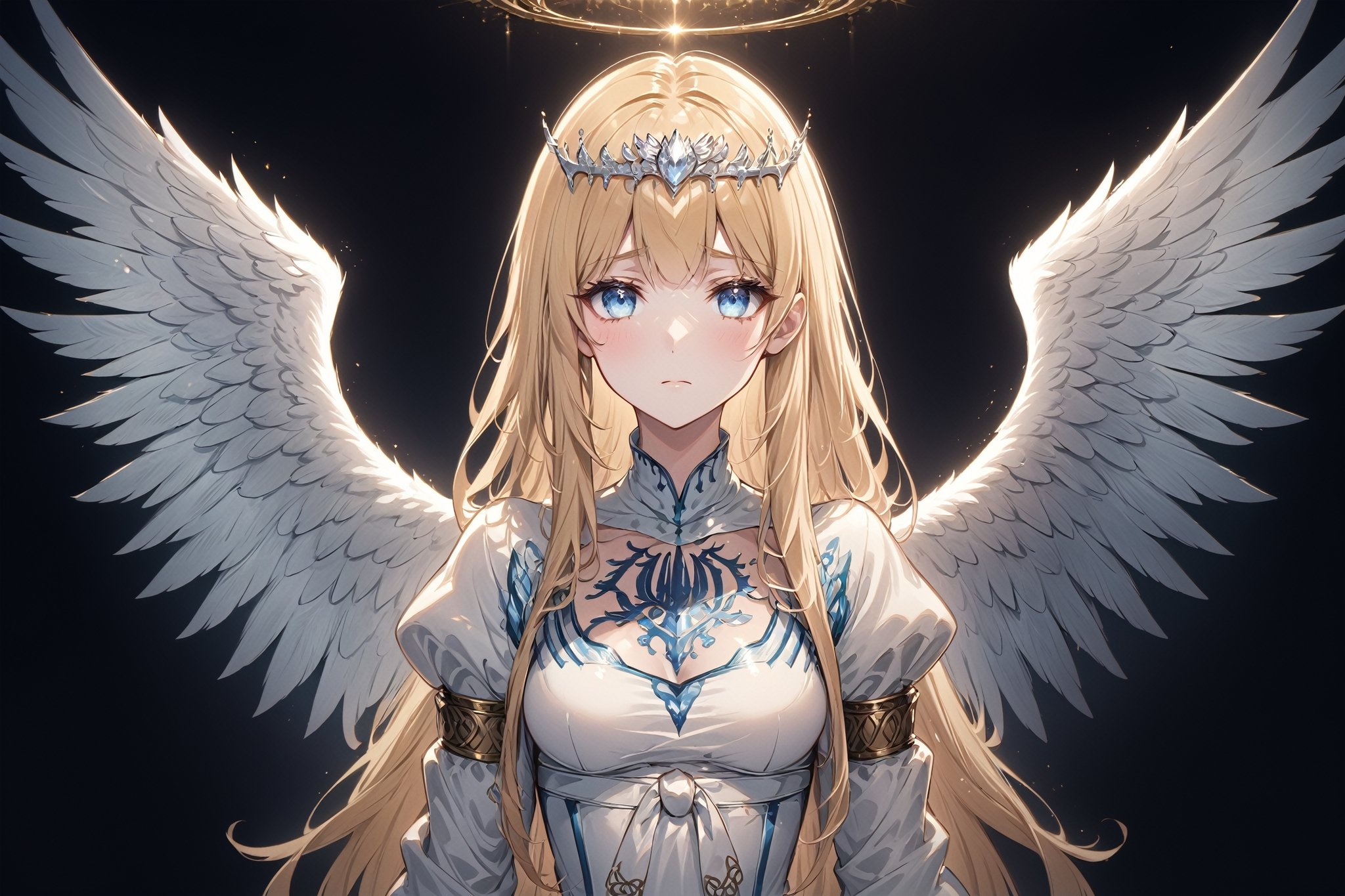 Generate hyper realistic image of a beautiful  celtic girl looking directly at the viewer.  ,light blue eyes, Sweet face and gaze, in a luxurious room,  (intricate details), highly detailed, vibrant, production film, ultra high quality photography style, Extremely Realistic,anime,  1angel, very large white wings, big pairs of wings from her shoulder,  solo, Calca, Calca Bessarez, blonde hair, extremely long hair, very long hair, white tiara, white dress, blue eyes, medium chest, face focus, close up, , sadness, , , giant white wings,AngelStyle