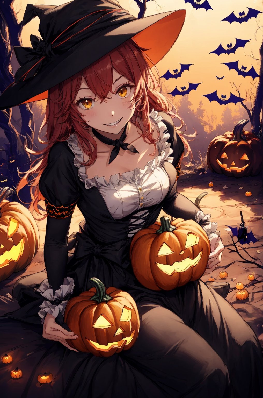 sitting, light smile, (Woman dressed in a spooky Halloween costume:1.3), (Halloween outfit:1.3) holding a carved pumpkin, surrounded by pumpkin, from above, skill decoration, skeleton decoration, Halloween accessories, 
lupusregina beta, evil grin, acrobatic pose, outdoors, dark forest, death trees, night time, BETA, masterpiece, best quality, high quality, highres, absurdres, 1girl, solo, animal hat, anime coloring, maid, upper body, puffy short sleeves, headwear, collarbone, parody, official style, choker, alternate costume, bridal gauntlets, dress, shirt, ess, dress, frills, long sleeves, maid, maid headdress, puffy sleeves, looking at viewer, masterpiece, best quality, high resolution, orange theme 
