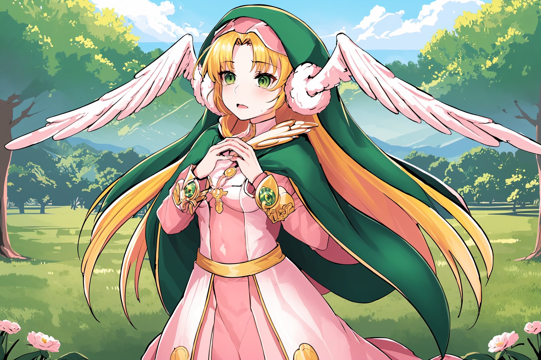 masterpiece, best quality, 1girl, flowers, forest ,  medium chest, Divine Chant, 4th Seat of the Black Scripture, blonde hair, green eye, (pink dress:1.2), green hood, very long hair, 1girl, solo, angelwing-shaped earmuffs