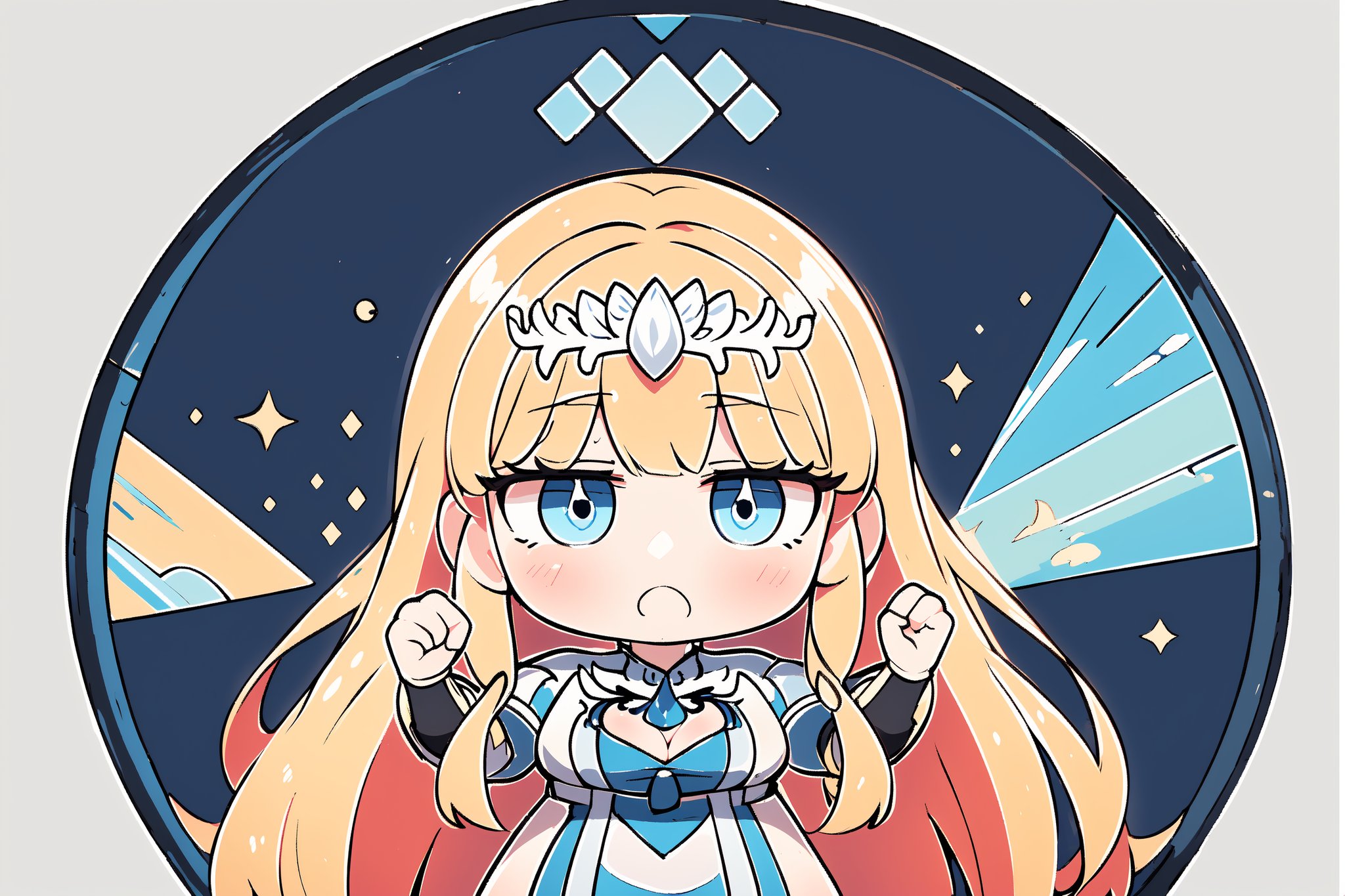 cute, Stained glass background, chibi girl, running up to viewer, look at viewer, dynamic angle,  1girl, solo, Calca, Calca Bessarez, blonde hair, (extremely long hair:1.3), very long hair, white tiara, white dress, blue eyes,