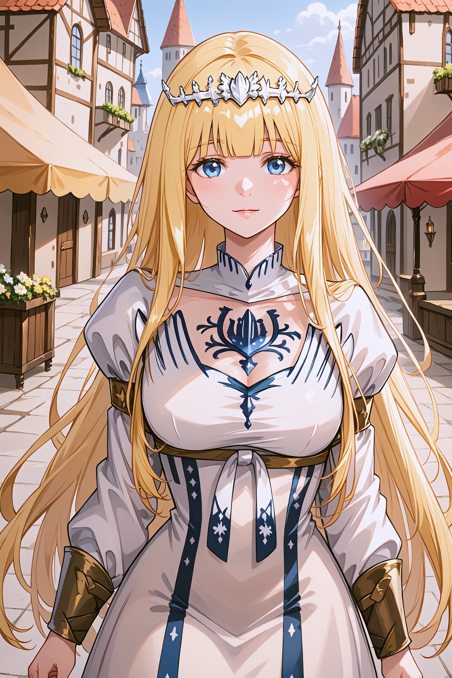  a masterpiece brought to life by Mika Pikazo and Guweiz (Wlop), where unique details converge to create an unforgettable work of art. western town, medieval age, 1girl, solo,Calca,Calca Bessarez,blonde hair,(extremely long hair:1.3),white tiara,white dress,blue eyes,medium chest,blunt bangs