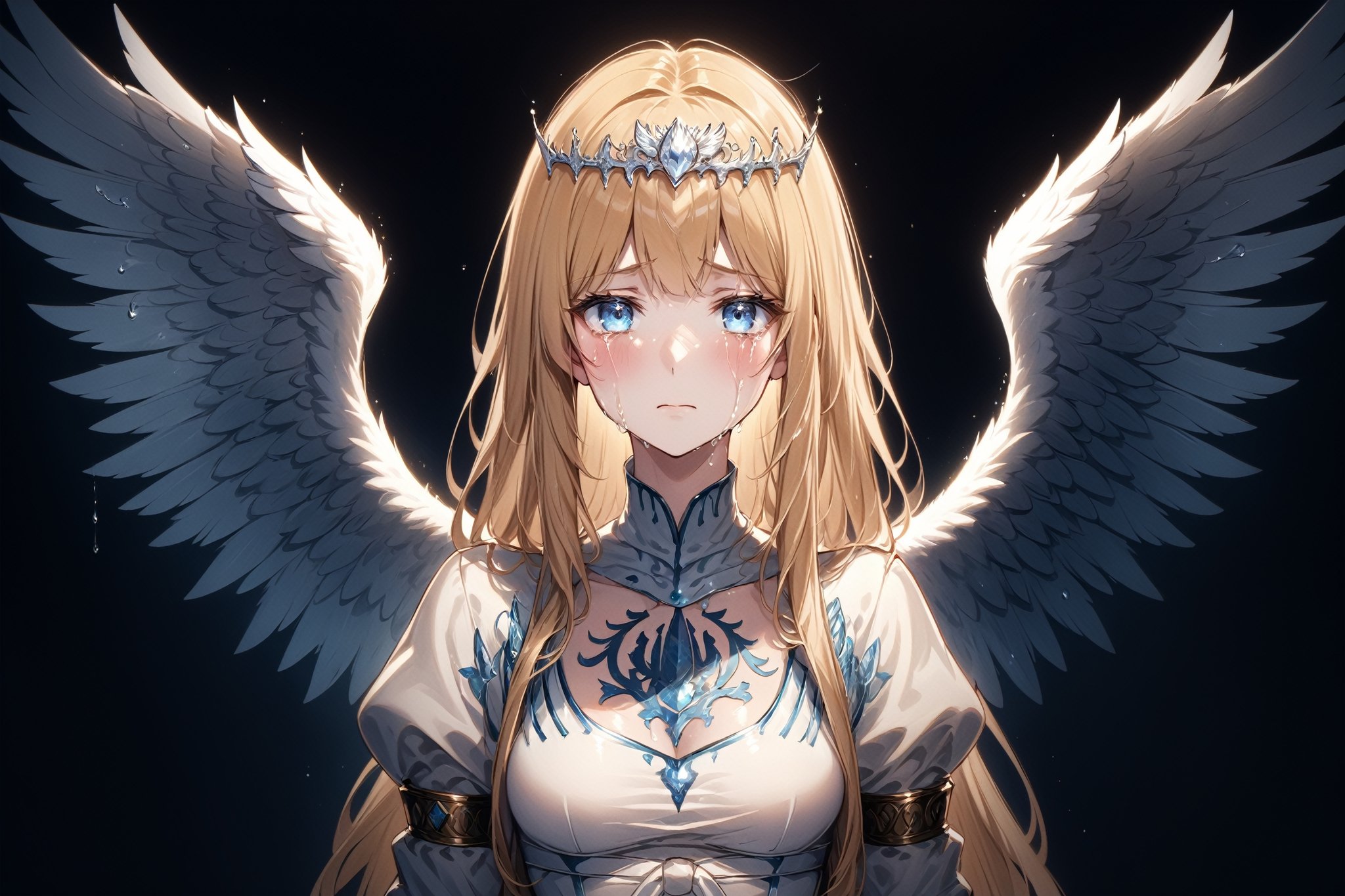 Generate hyper realistic image of a beautiful  celtic girl looking directly at the viewer.  ,light blue eyes, Sweet face and gaze, in a luxurious room,  (intricate details), highly detailed, vibrant, production film, ultra high quality photography style, Extremely Realistic,anime,  1angel, very large white wings, big pairs of wings from her shoulder,  solo, Calca, Calca Bessarez, blonde hair, extremely long hair, very long hair, white tiara, white dress, blue eyes, medium chest, face focus, close up, crying, crying_with_eyes_open, crying_tears, sadness, a lot of tears on her face, flowing tears, giant white wings,AngelStyle