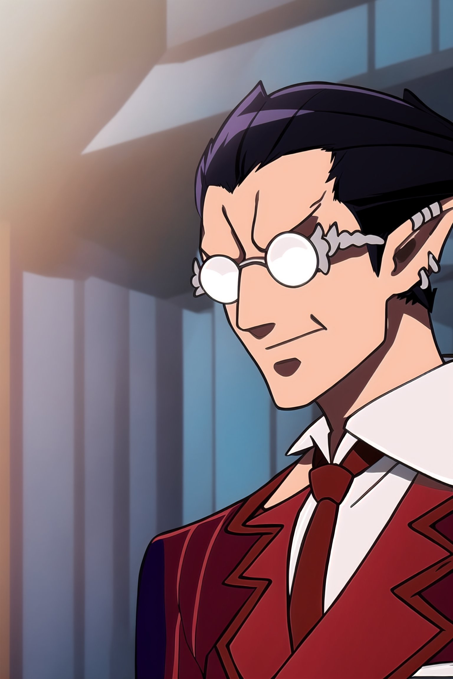 best quality,  masterpiece,  red suit,  red trouser,  red Necktie,  Silver Round Glasses,  short hair,  pointy ears,  black hair,  Diamond Eyes,  long metal tail,  black gloves,  demiurge,, equal-sized ears