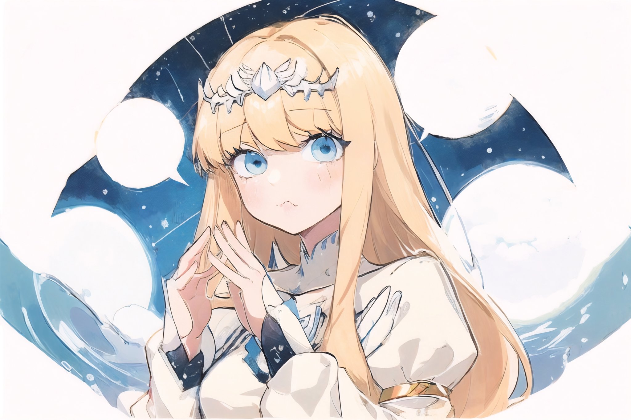 (cute illustration:1.4),(fuwafuwa illustration:1.3),masterpiece, 1girl, blonde hair,,white tiara,（Holding glowing stars in both hands：1.6）,better_hands, calca, (extremely long hair:1.3), white dress, blue_eyes, long_sleeves