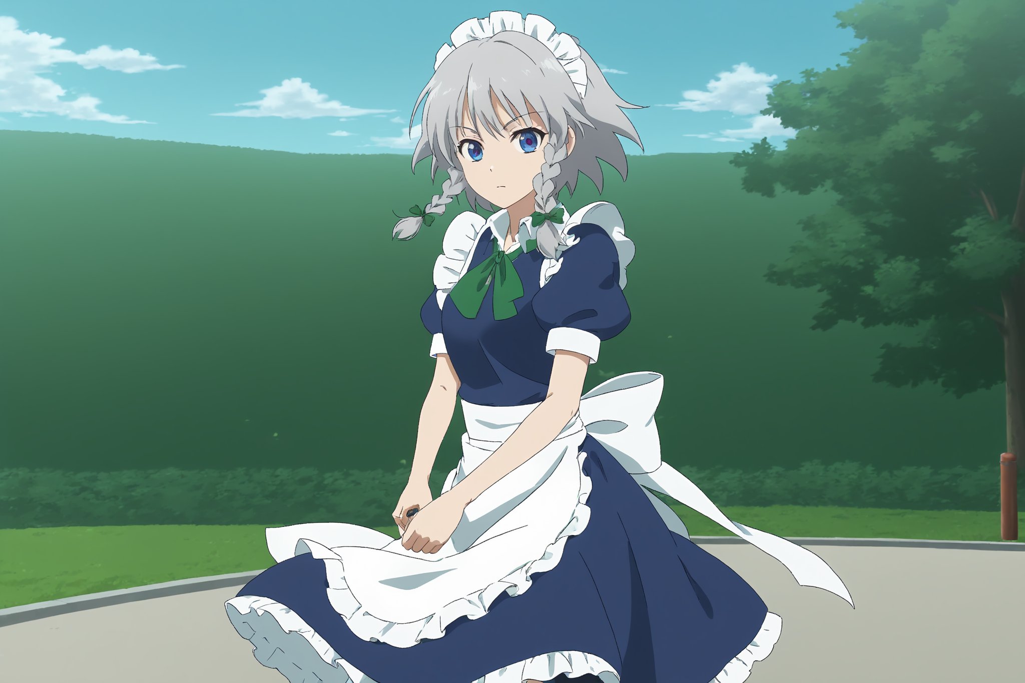 looking at the viewer, bangs,, standing, ,, outdoors, , from the side,,,anime,diathornstyle,action shot, 1girl, solo,Sakuya,Sakuya Izayoi,blue maid outfit,white apron,white maid headband,silver short hair,two braided hair,blue eyes,green ribbons on her braid,big green bowtie