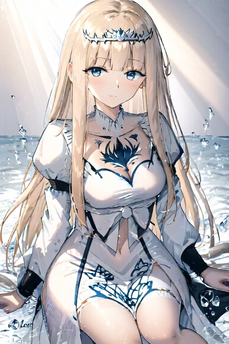 In a masterfully lit and composed anime-style shot, the beautiful girl sits confidently with her upper body facing the viewer, her skin detailed with subtle pores and soft highlights. Amidst a sea of white background, a single water drop glistens like a tiny jewel. Tiny light particles dance around her face, accentuating her features, while ink droplets scattered across the background add a touch of mystery and depth.1girl, solo, Calca, Calca Bessarez, blonde hair, (extremely long hair:1.3), very long hair, white tiara, white dress, blue eyes, medium chest,extremely long hair, blunt_bangs, bangs