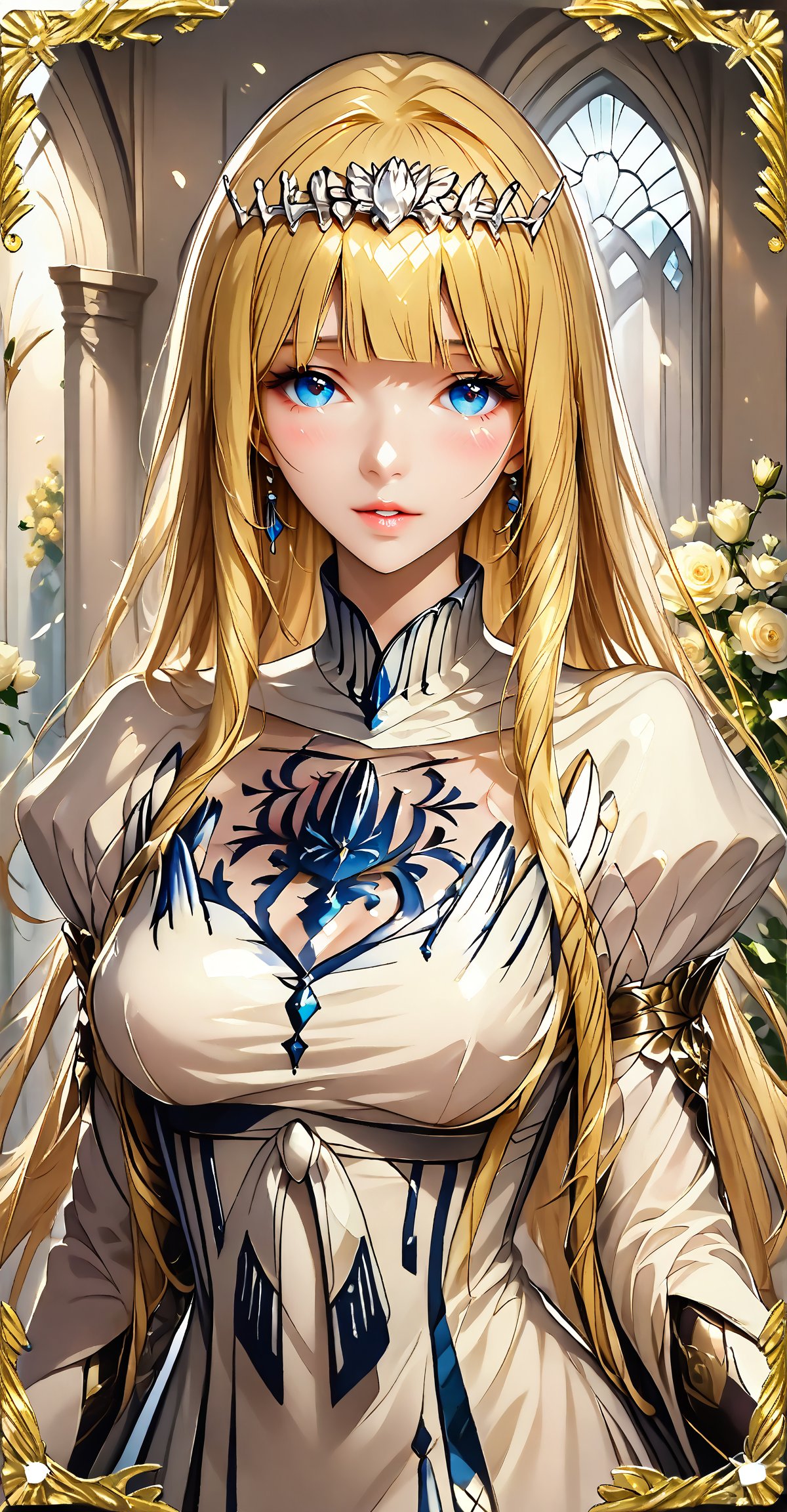 masterpiece, best quality, extremely detailed, (illustration, official art:1.1), 25 years old,((blush)) , beautiful face, masterpiece, best quality,(((((a very delicate and beautiful girl))))),Amazing,beautiful detailed eyes,blunt bangs (true beautiful:1.2), , masterpiece, best quality,1girl, solo, flower, looking at the viewer, parted lips, bangs, black rose, picture frame, card, blurry,Calca,Calca Bessarez,blonde hair,(extremely long hair:1.3),white tiara,white dress,blue eyes,medium chest