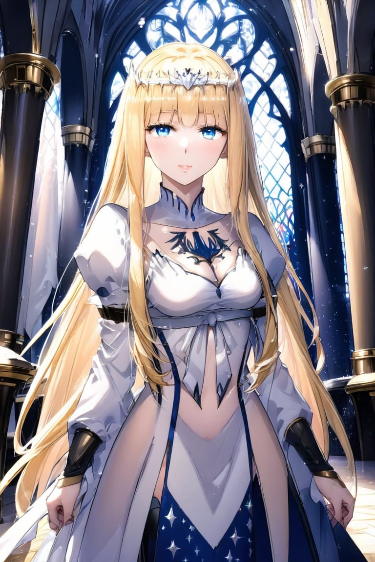 Beautiful girl, detailed image, detailed skin, upper body, looking at viewer.  Luxurious palace in background, blurry background, ((masterpiece: 1.2)), light particles, stunning image, Anime style., 1girl, solo, Calca, Calca Bessarez, blonde hair, (extremely long hair:1.3), very long hair, white tiara, white dress, blue eyes, medium chest,extremely long hair, blunt_bangs, bangs