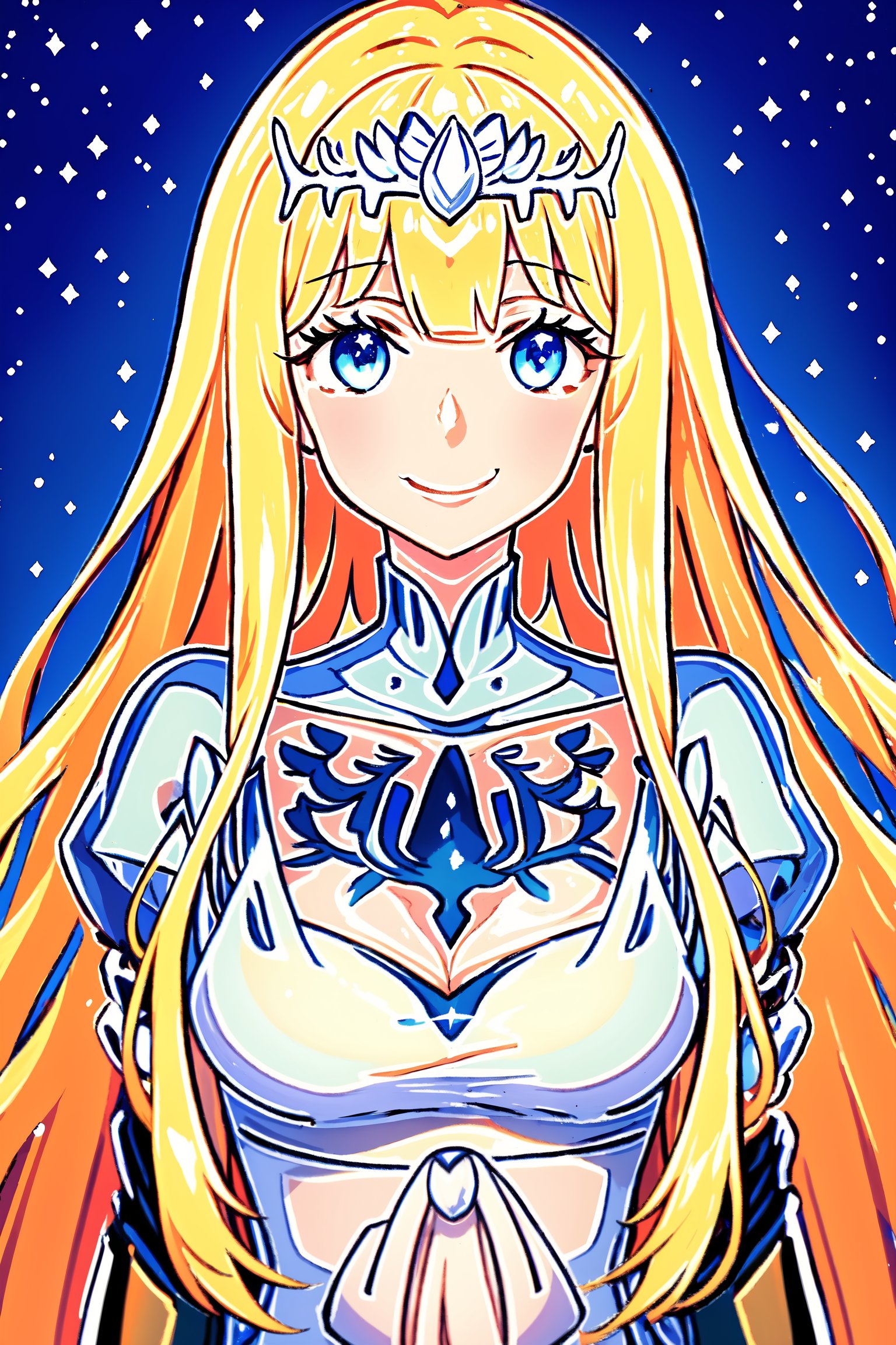 looking at the viewer, bangs, upper body, , Cosmic starry background, Smile, 1girl, solo, Calca, Calca Bessarez, blonde hair, (extremely long hair:1.3), very long hair, white tiara, white dress, blue eyes, medium chest, slim body