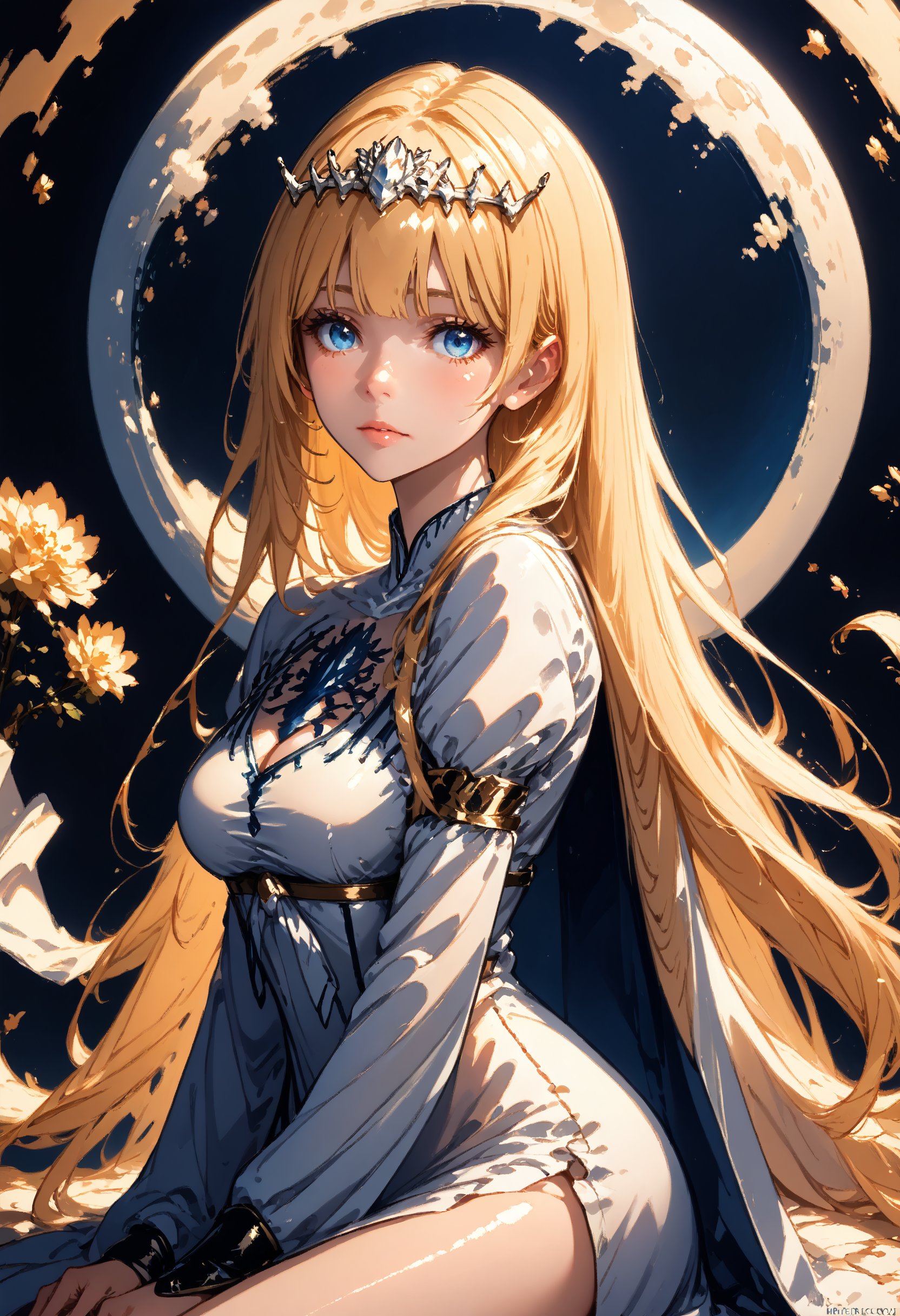 score_9, score_8_up, score_7_up, score_anime, moon background, reflective ground, abstract, sitting, from the side, shiny skin, blush, beautiful face, magical, looking at the viewer,  1girl, solo, Calca, Calca Bessarez, blonde hair, extremely long hair, very long hair, white tiara, white dress, blue eyes, medium chest