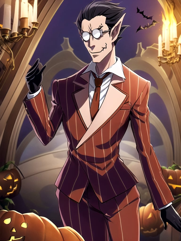 (((masterpiece))),best quality, illustration,(detailed male), (Hallloween party:1.4), pumpkins, surrounded by pumpkins, detailed lighting, detailed fire, haunted house, cancel light, horror atmosphere, (detailed eyes), expressionless,,demiurge, orange suit, orange trouser, Orange Necktie, Silver Round Glasses, short hair, pointy ears, black hair, Diamond Eyes, long metal tail, black gloves, demiurge, (Halloween outfit:1.4), villain, bat