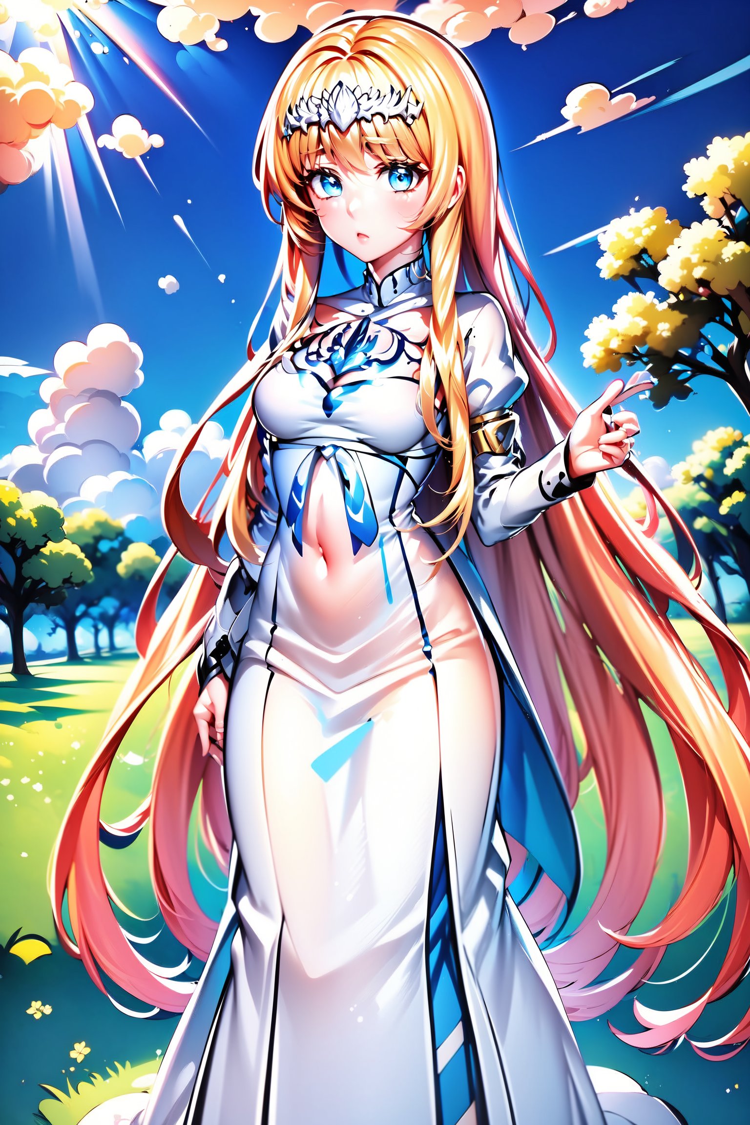  looking at viewer, blush, standing, full body,  outdoors, sky, , day,  cloud, sunlight, ,1girl, solo, Calca, Calca Bessarez, blonde hair, (extremely long hair:1.3), very long hair, white tiara, white dress, blue eyes, medium chest