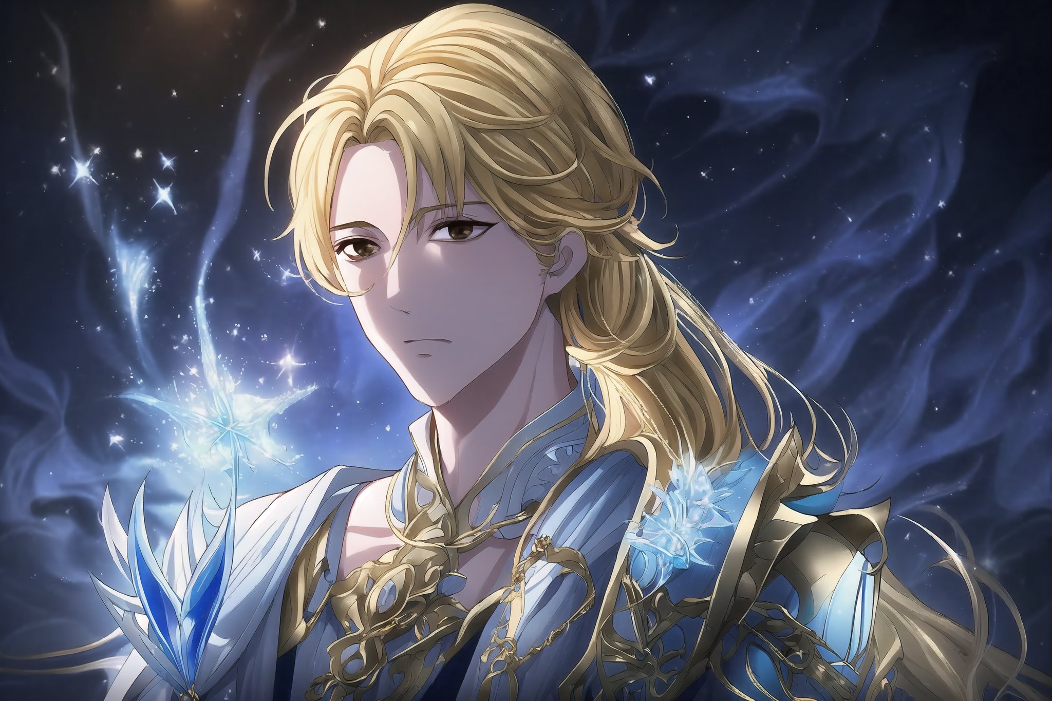 Magic Particles; Magic Swirls, in a oit of this world magical frozen landscape, solo,Hyouka,1male,blonde hair,brown eyes,one-sided braid,very long braided hair,one shoulder armor, 25 years old, handsome man