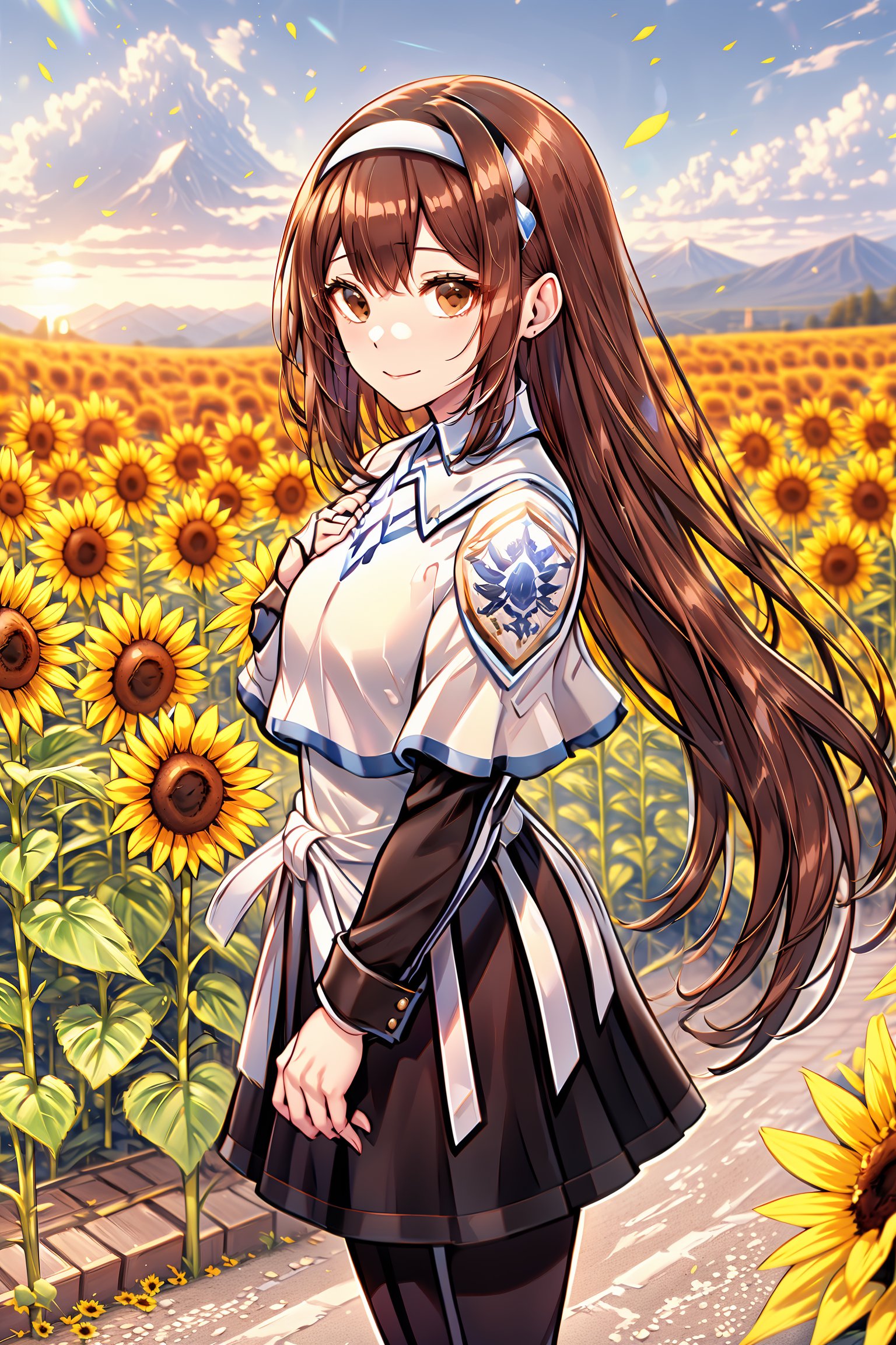  flower, outdoors,  blurry, from the side, yellow flower, sunflower, 1girl, solo,,Kelart, extremely long hair, brown hair, white hairband, brown eyes, medium chest, black sleeve, white outfit, black long skirt