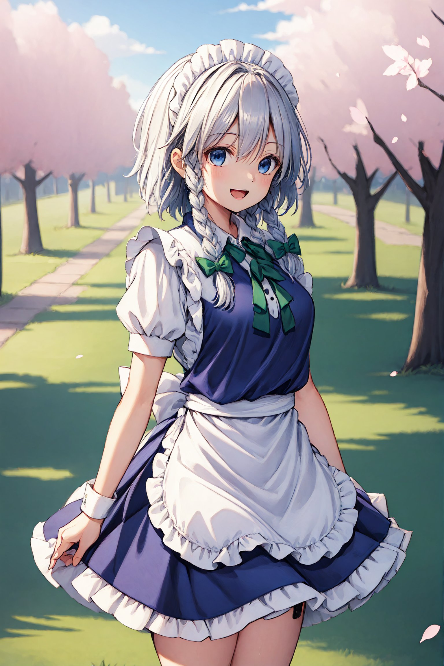 masterpiece, best quality, highres, standing, cowboy shot, leaning forward, arms behind back, outdoors, cherry blossoms, smile, open mouth, izayoi_sakuya_touhou, 1girl, solo ,Sakuya, , Sakuya Izayoi, blue maid outfit, white apron, white maid headband, silver hair, (two braided hair), short hair, blue eyes, blue eyes, (two green ribbons on her braided hair:, green bowtie,braid