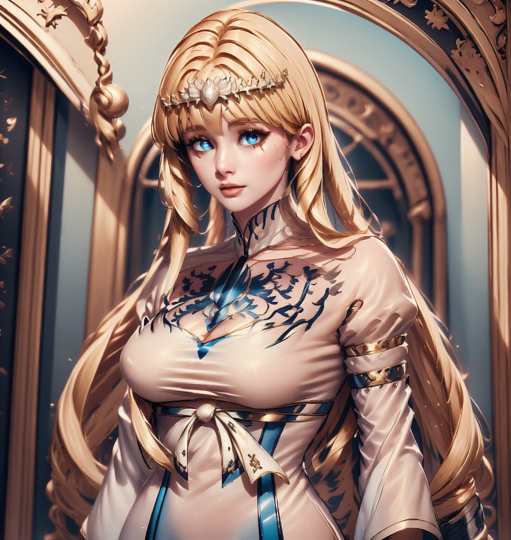 ornate fashion,  1girl, solo, Calca, Calca Bessarez, blonde hair, (extremely long hair:1.3), very long hair, white tiara, white dress, blue eyes, medium chest,