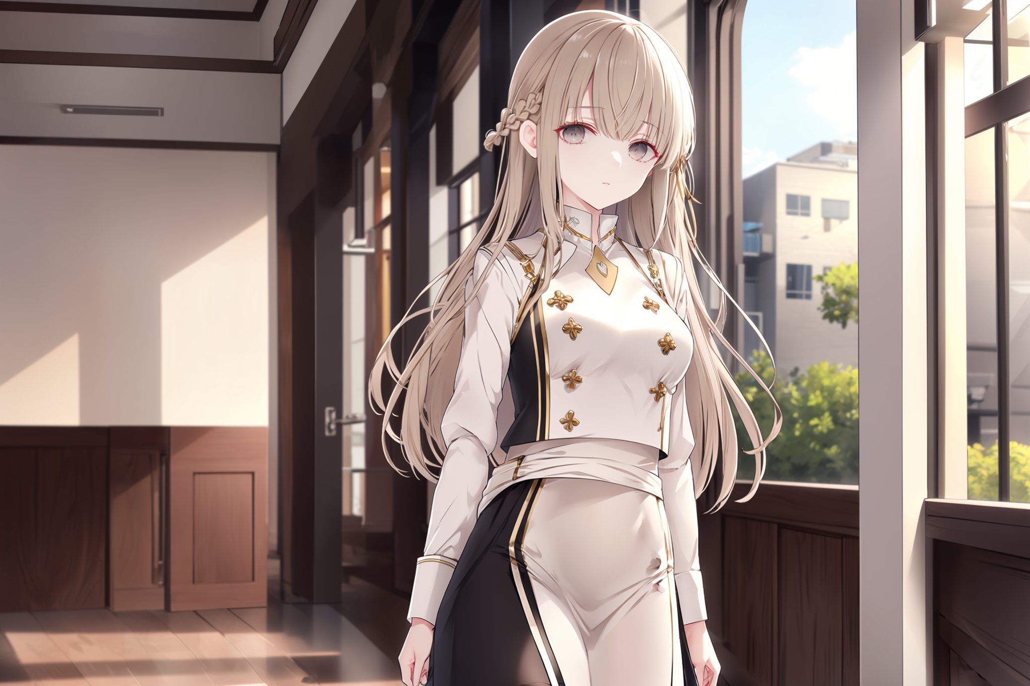 masterpiece, best quality, ultra-detailed, extremely detailed, depth of field, scenery, 

1girl, solo, long hair, , looking at the viewer, , , black thigh highs, ,  , medium breasts, , skirt, , indoors, Hakuchou,

, white dress, white uniform with black color on two sides of the waist, light brown hair, pale hair color, very long hair, straight hair, light brown eyes, pale eye color, tiny braided hair, hair ornament