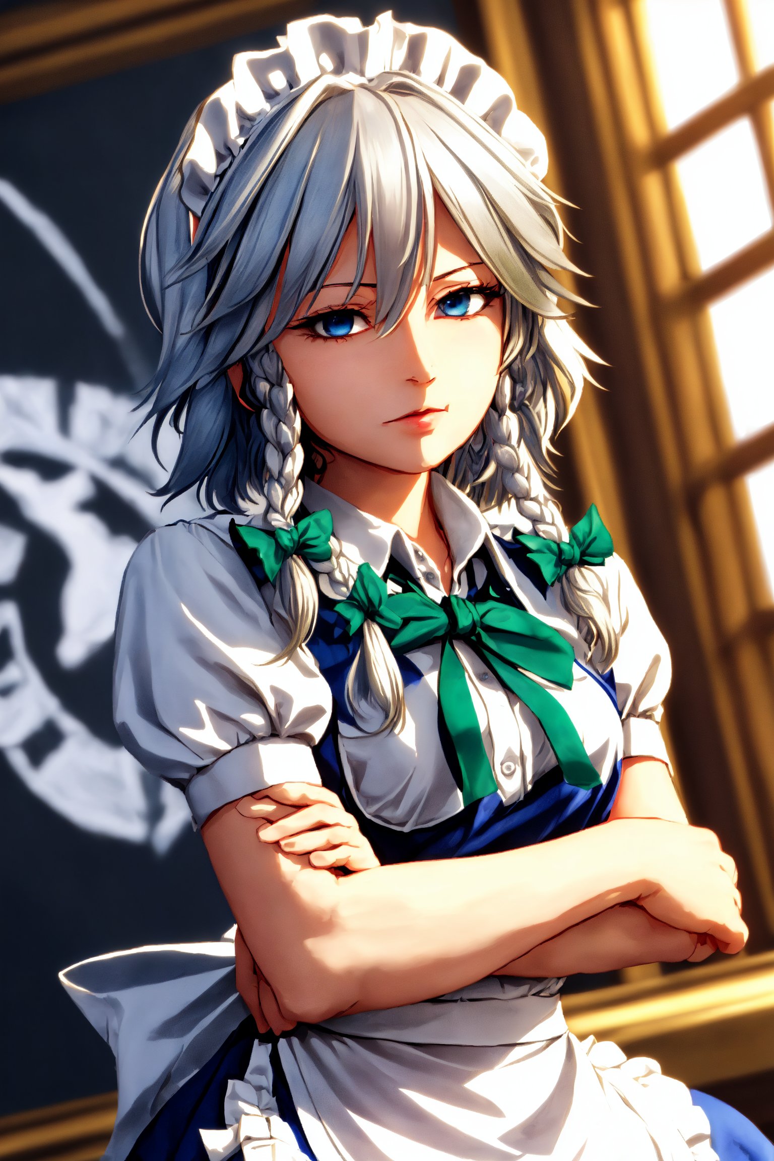 1girl, solo, izayoi_sakuya_touhou, Sakuya, Sakuya Izayoi, blue maid outfit, white apron, white maid headband, silver hair, short hair, blue eyes, blue eyes, two green ribbons on her braided hair, green bowtie, maid_headdress, short_hair, maid