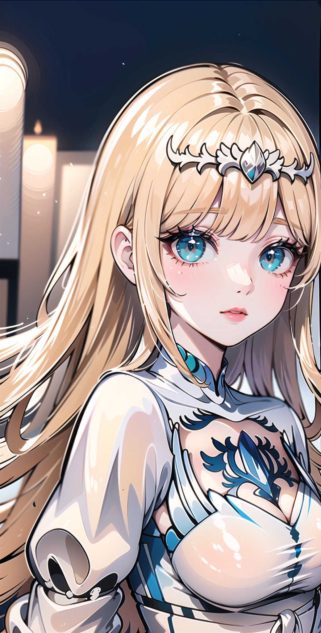 high quality, 8K Ultra HD, ultra-realistic, In the depths of the Dark Fantasy realm, stands a mystical beautiful enchantress,  allure and darkness, the midnight hues of the surrounding roses. Amidst the darkness, her mesmerizing eyes,  array of black and red roses that seem to bloom eternally, by yukisakura, The velvety softness of the petals contrasts with the sharp thorns that embellish her garments, serving as a reminder of her potent and untamed nature, dynamic movement, cinematic pose, side angle,Calca ,1girl, solo, Calca, Calca Bessarez, blonde hair, (extremely long hair:1.3), very long hair, white tiara, white dress, blue eyes, medium chest