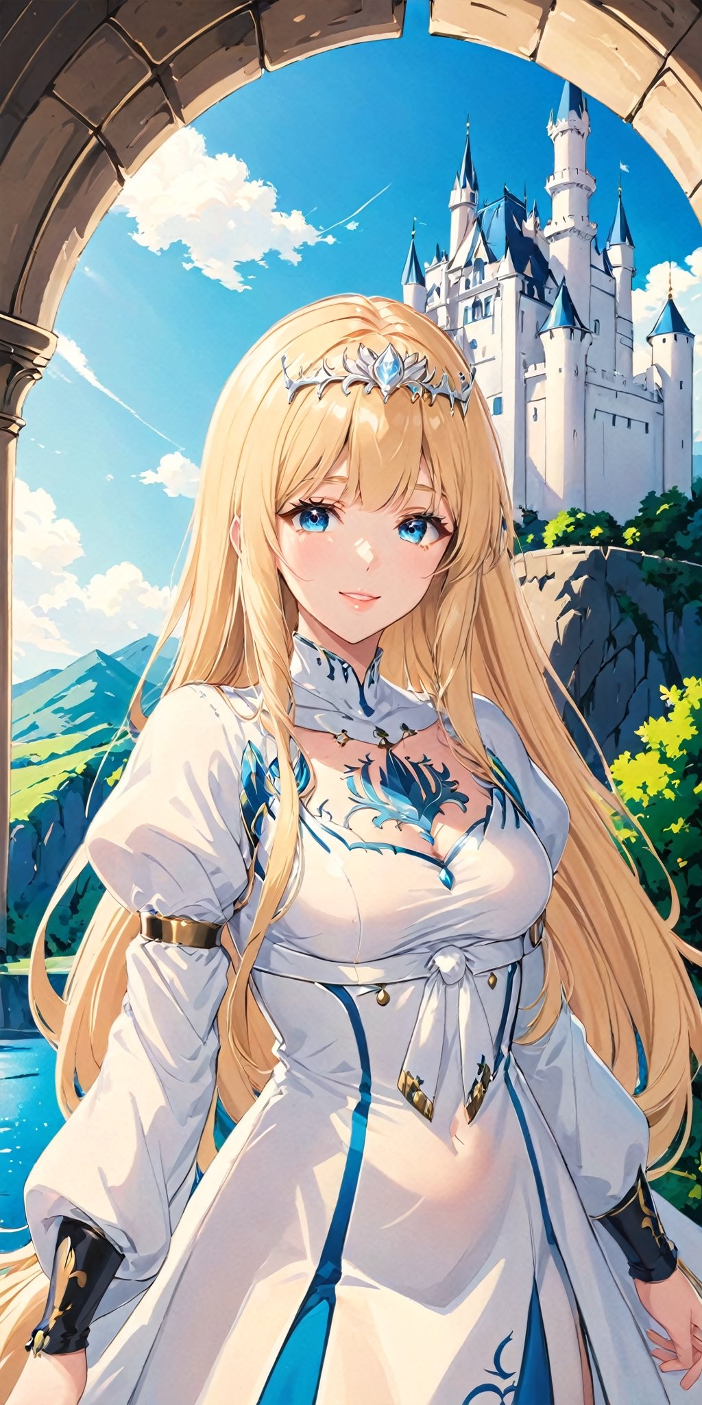 1girl, solo, looking at viewer castle background, outdoor, beautiful scenery,long sleeve ,close lips,smile,,Calca, , blonde hair, medium chest, extremely long hair, very long hair, extra long hair, white tiara, white dress, blue eyes,