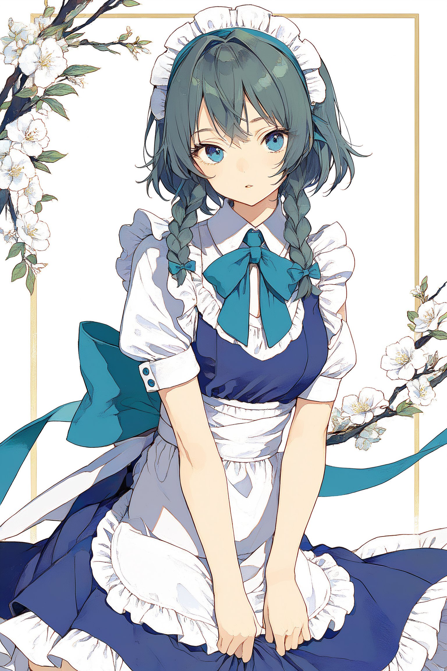 Sakuya,Sakuya Izayoi,blue maid outfit,white apron,white maid headband,silver short hair,two braided hair,blue eyes,green ribbons on her braid,big green bowtie, 1girl, solo