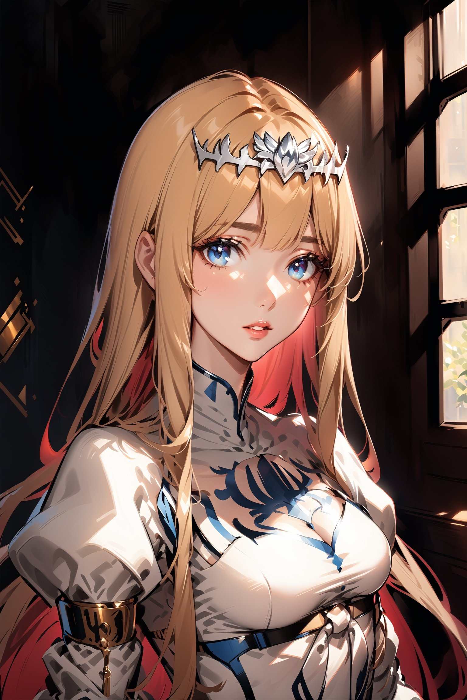 1girl, solo, very long hair, looking at the viewer, blue eyes,   upper body, parted lips, , from the side, lips, looking to the side, ,Calca, calca, blonde hair, long hair, medium chest, extremely long hair, very long hair, extra long hair, white tiara, white dress, blue eyes, Calca Bessarez, medium breast,