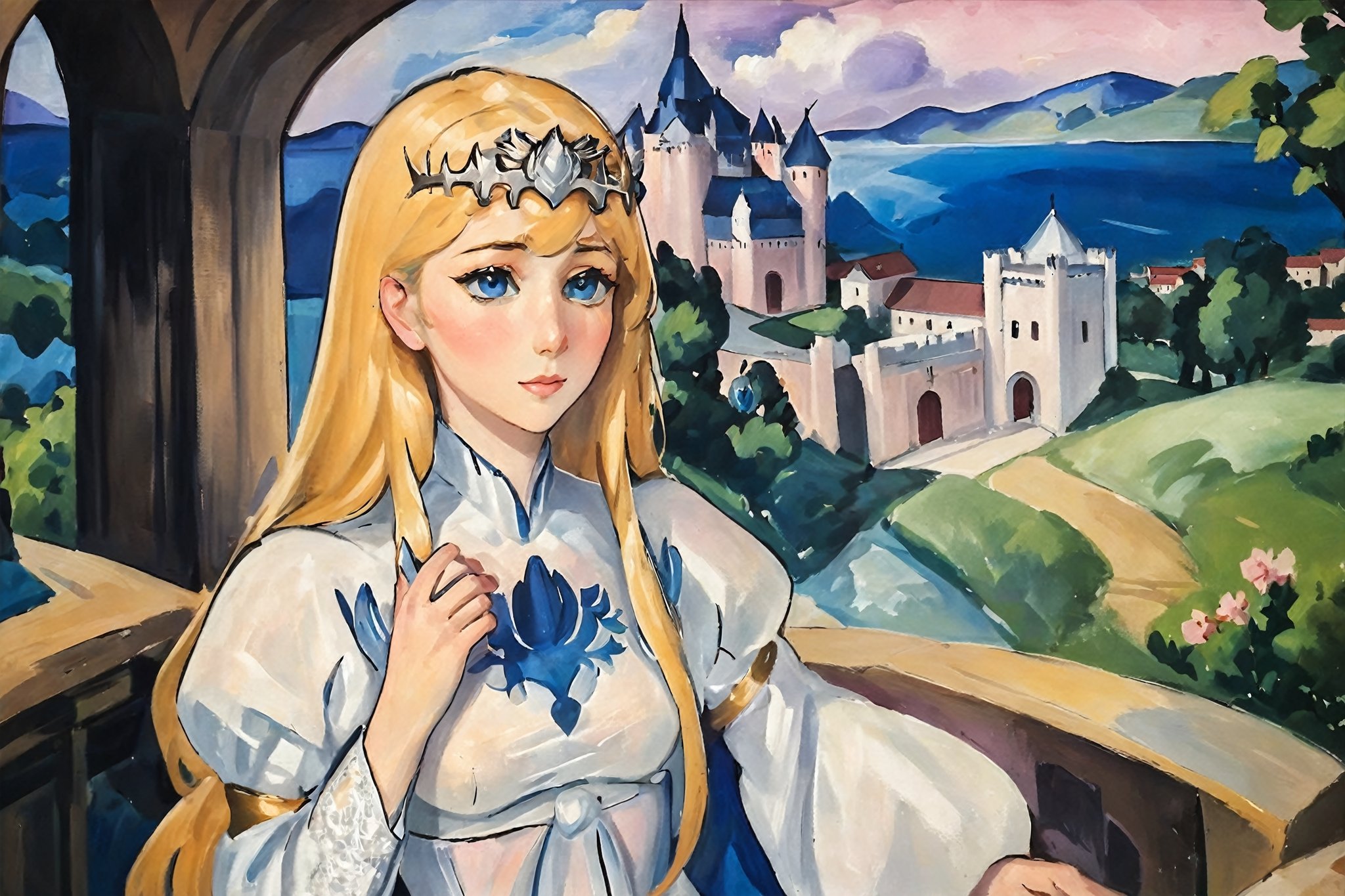 (mature female), (relax), (blush), solo, 1girl,

Detailed face, ultra-detailed, bright skin, high-quality skin texture rendering, masterpiece, (highest quality),  8k, (anime)

medieval age castle background,  1girl, solo, Calca, Calca Bessarez, blonde hair, (extremely long hair:1.3), very long hair, white tiara, white dress, blue eyes, medium chest, expressionist painting, 