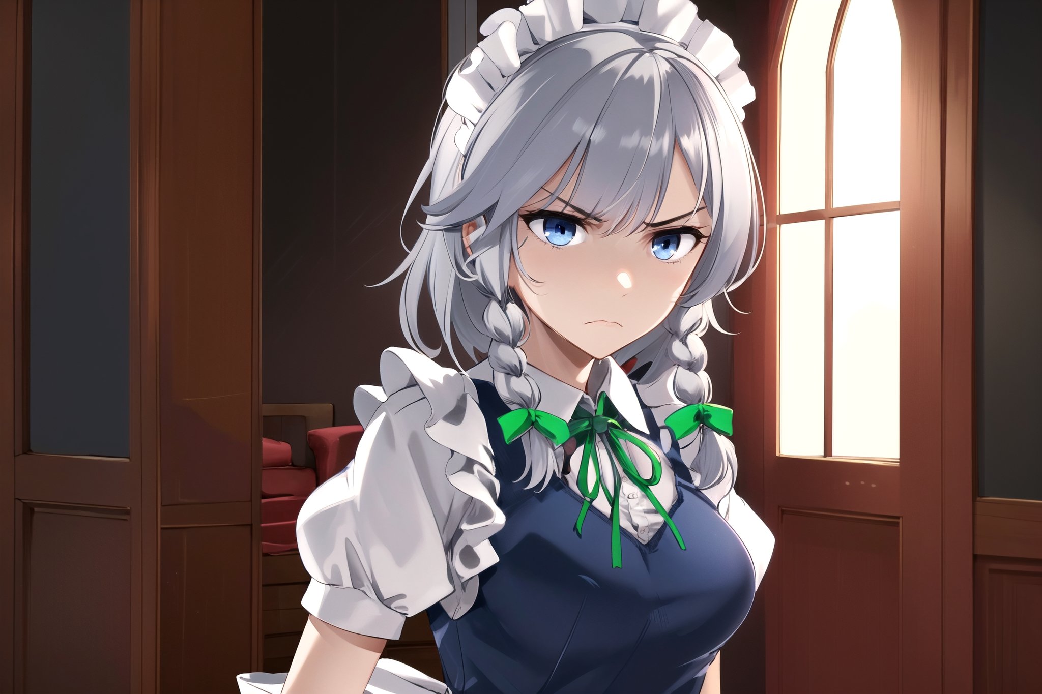 masterpiece, best quality, high-res,  1girl, solo, sakuya1, izayoi sakuya, maid, , grey hair, medium breasts, , , , indoors,1girl, serious face, blue eyes, dark blue eyes, green ribbons, night time, gothic victorian style mansion